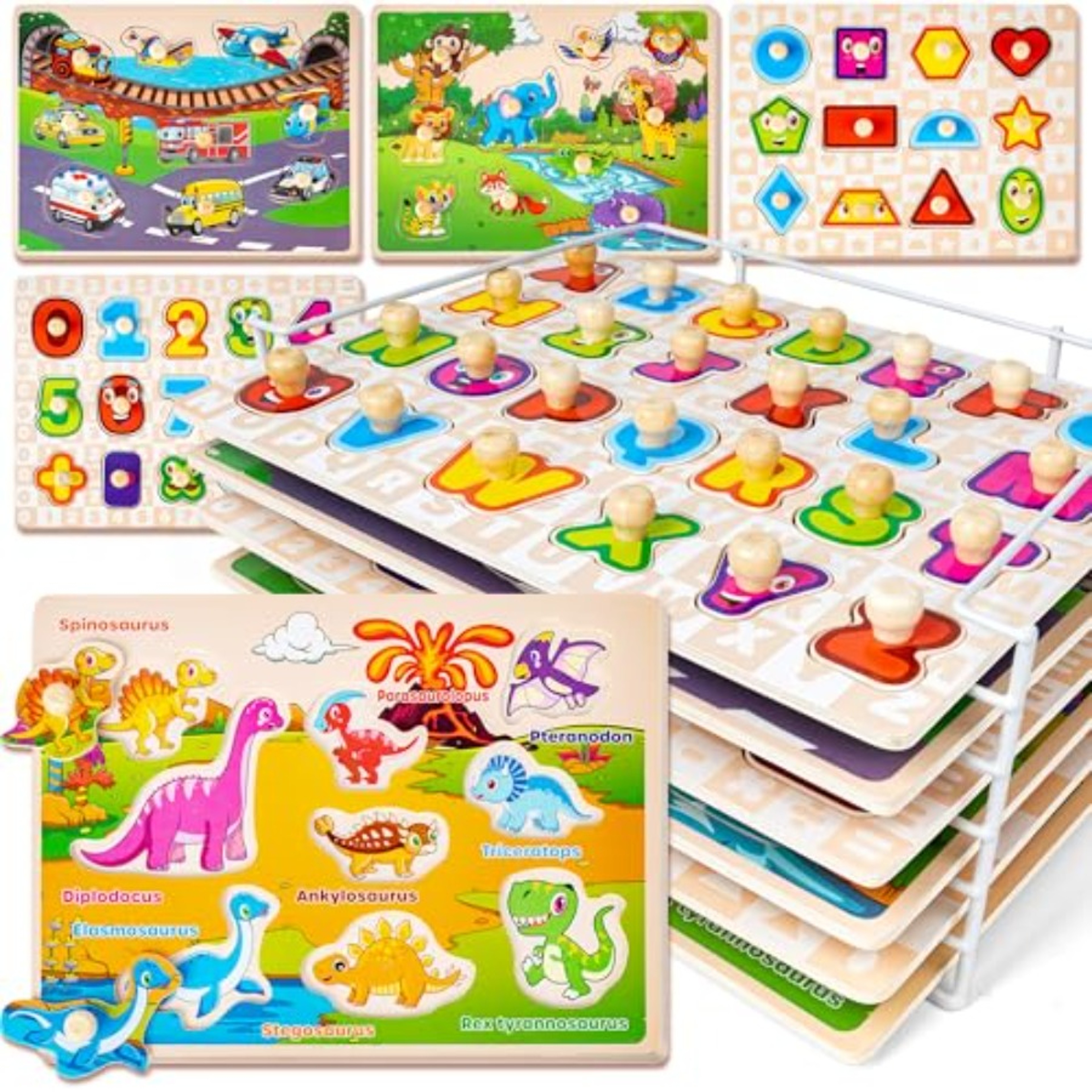 6 Pack Wooden Puzzles for Toddlers with Storage Rack Montessori Alphabet Number Learning Set – view 7