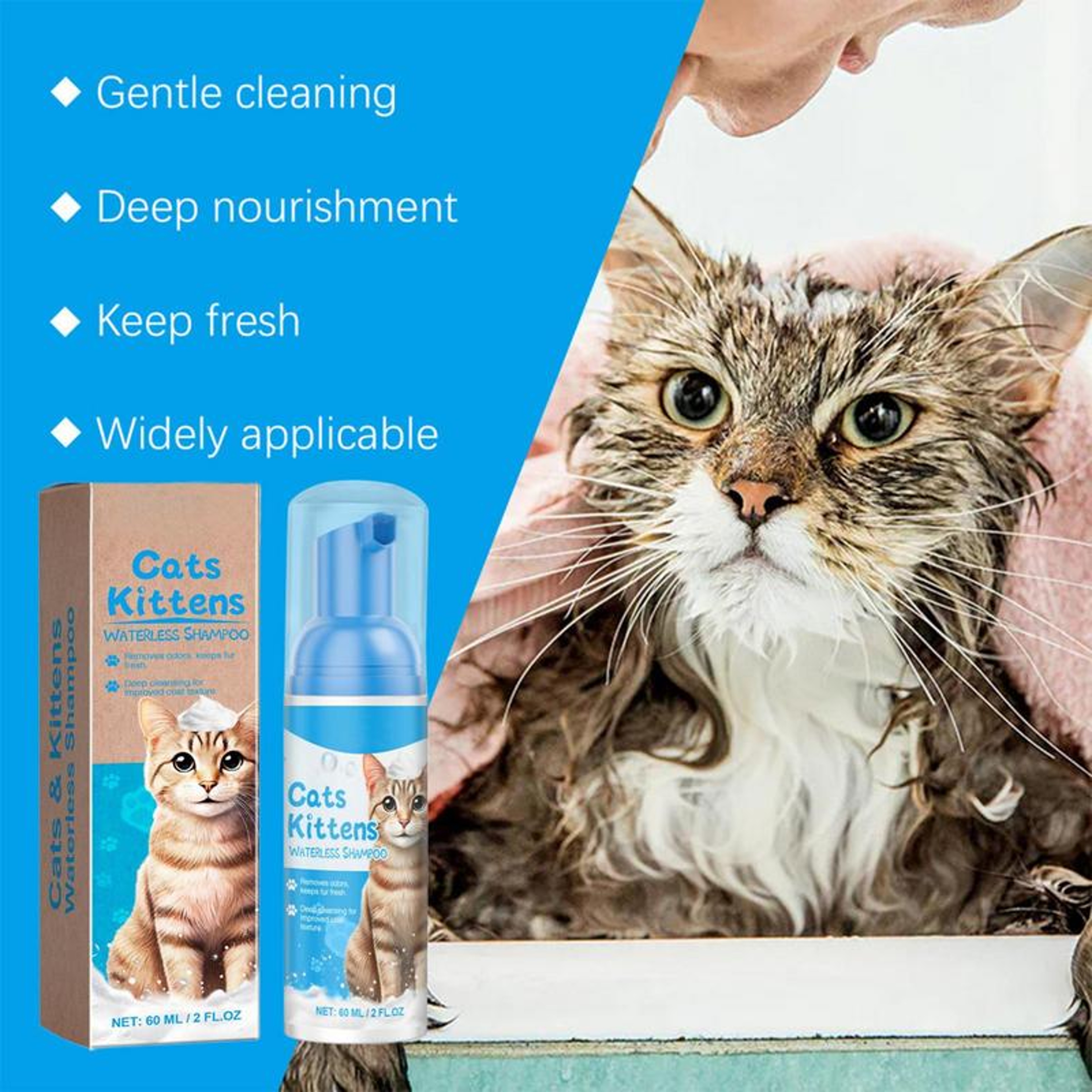 Waterless Cat Shampoo, Licking Safe Dry Shampoo 60ml, Gentle Foam Shampoo for Cats Relieves Itchy Skin – view 4