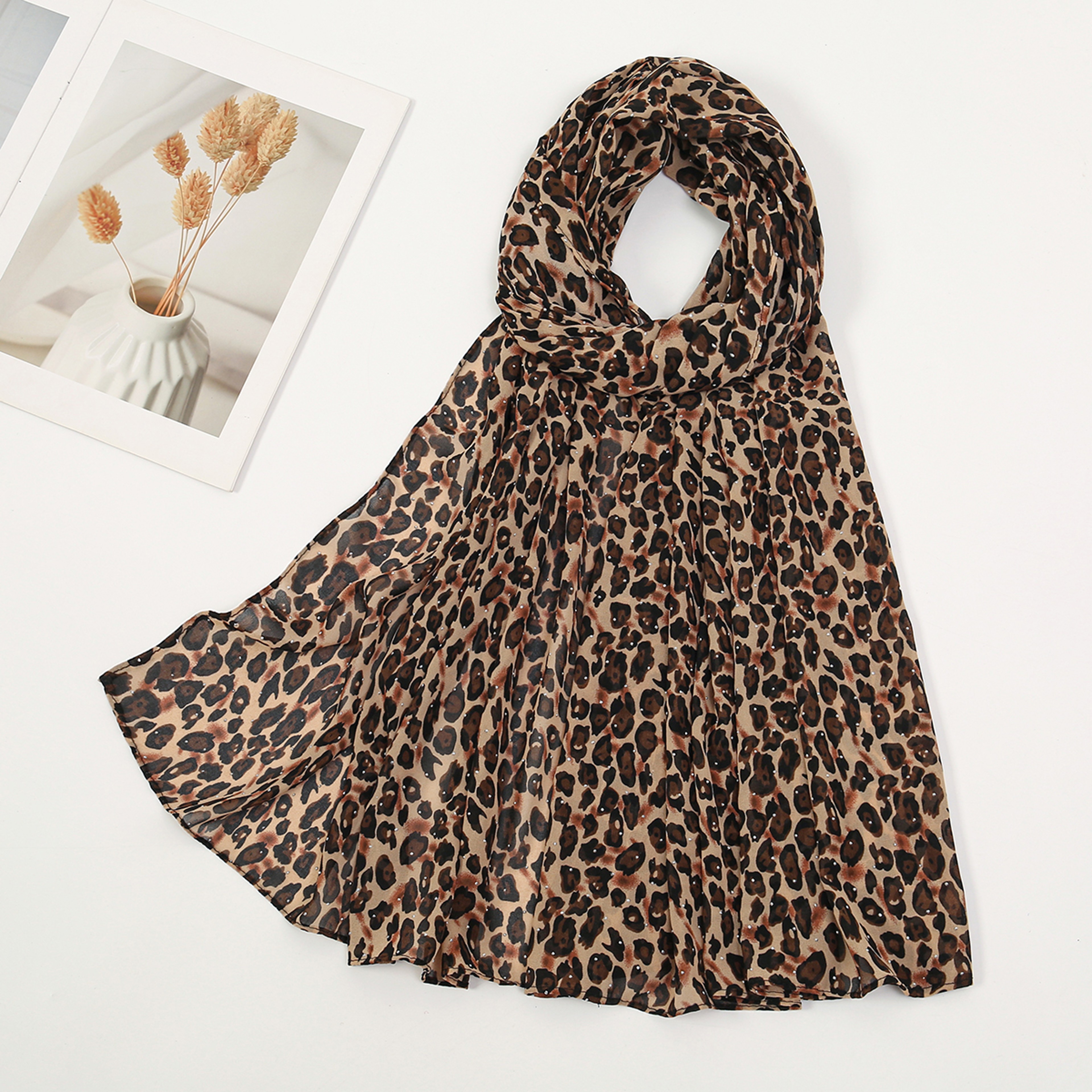 Chiffon Leopard Print Hijab Scarf, Muslim Womens Fashion Shawl, Islamic Turban Headscarf for Ramadan & Daily Wear – view 8