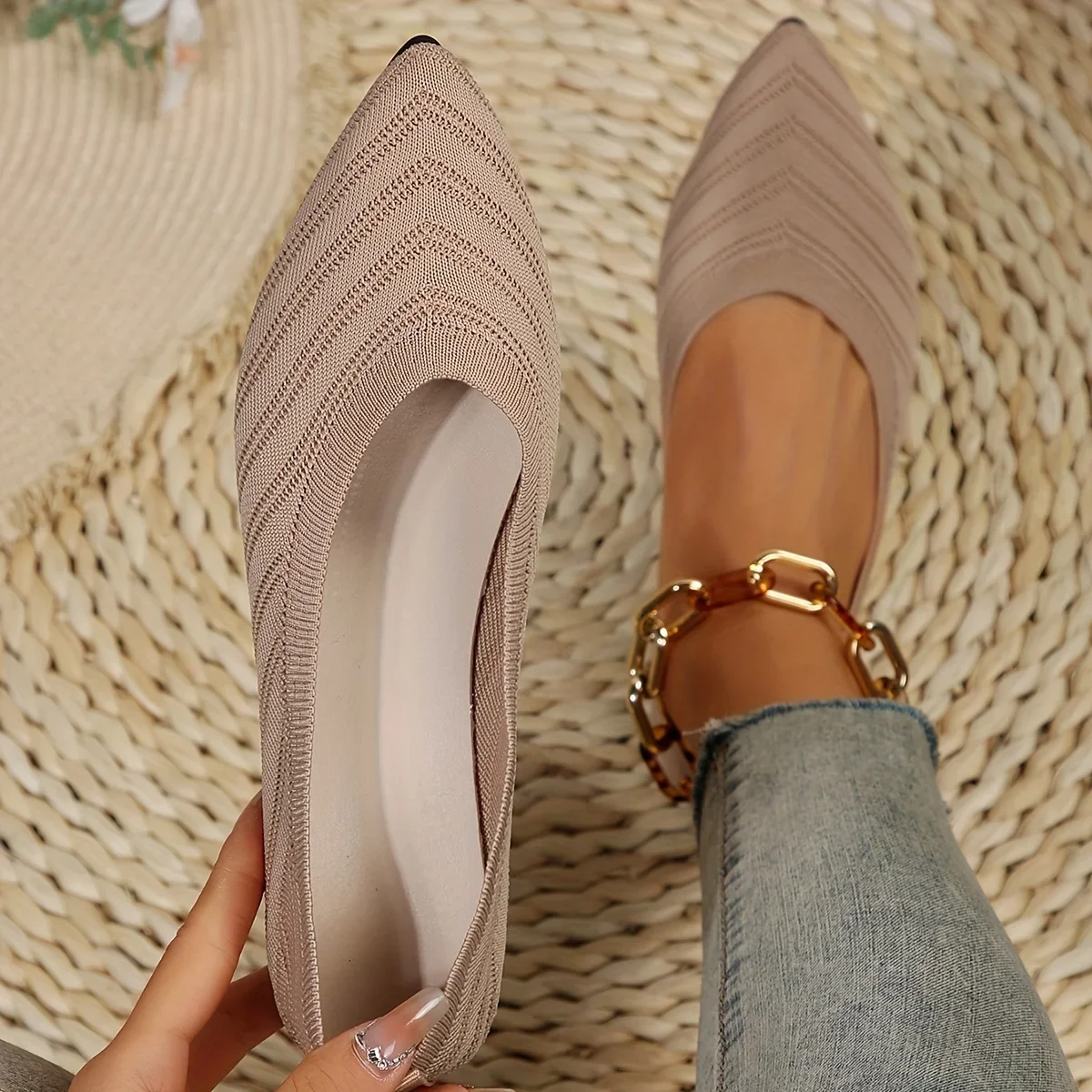 Women Pointed Toe Flat Shoes Solid Color Knitted Slip On Loafers | Casual Breathable Ballet Flats for Women – view 5
