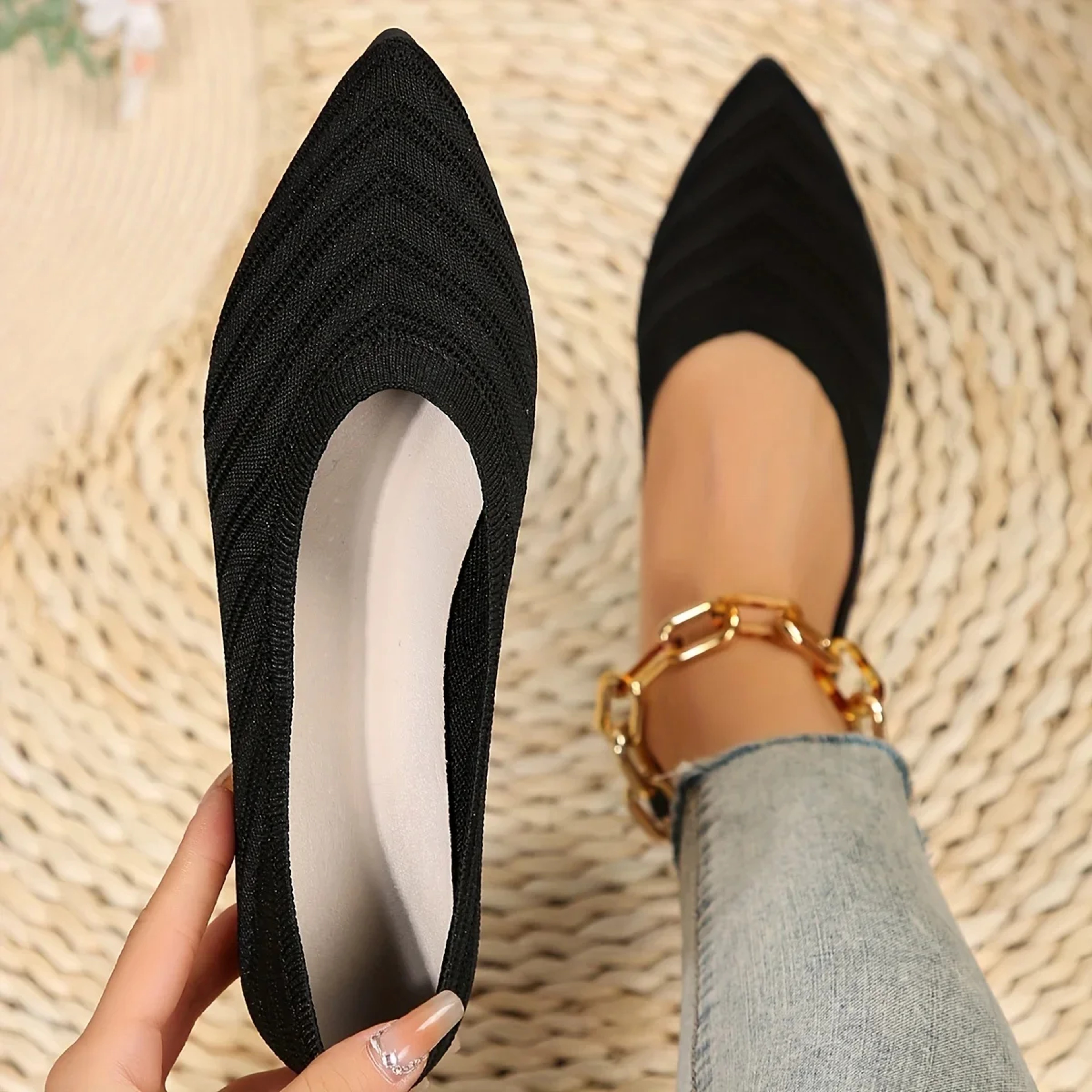 Women Pointed Toe Flat Shoes Solid Color Knitted Slip On Loafers | Casual Breathable Ballet Flats for Women – view 7
