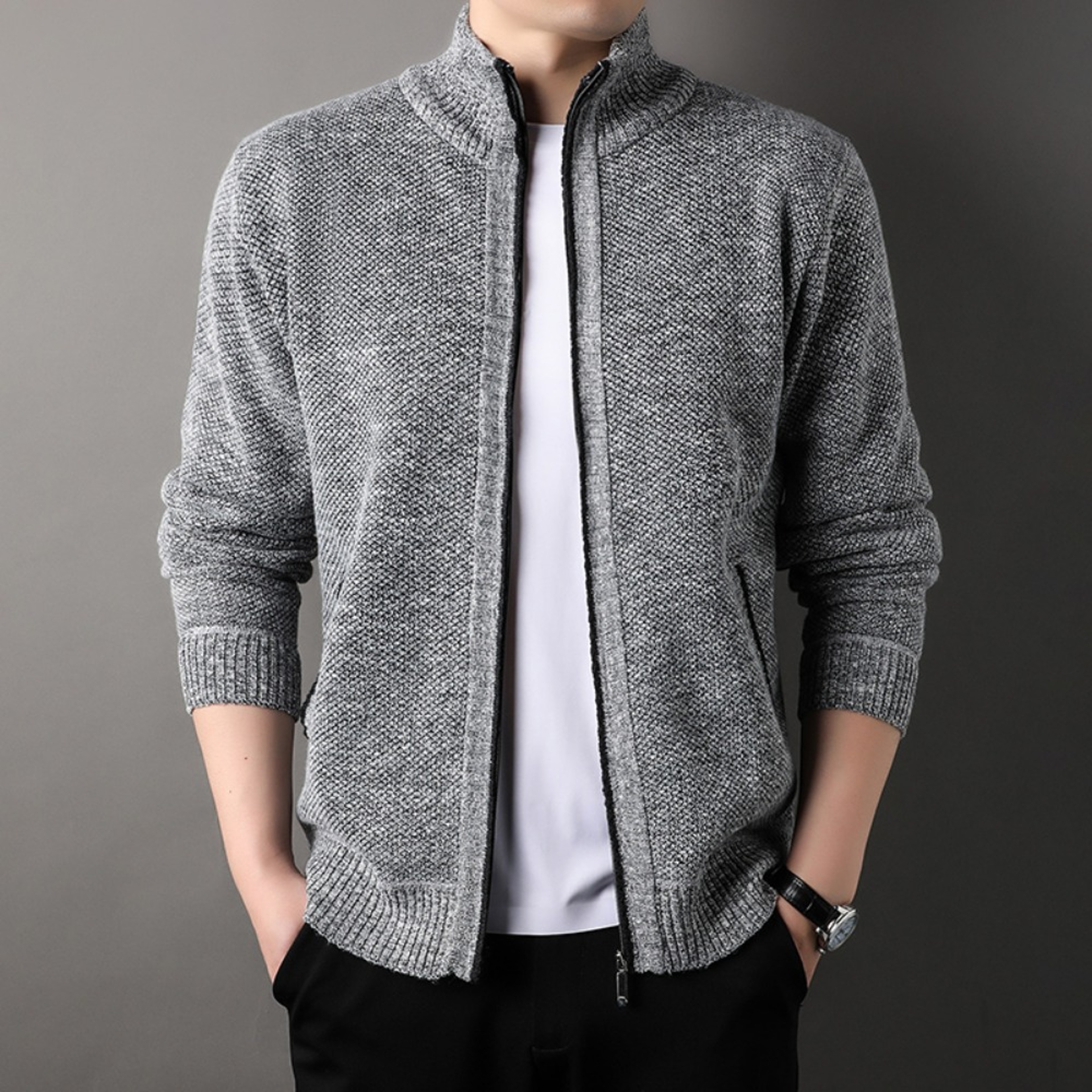 Mens Standup Collar Knit Sweater Autumn Winter Jacket Slim Cardigan Tops Solid Color Sweatercoat Gi 2