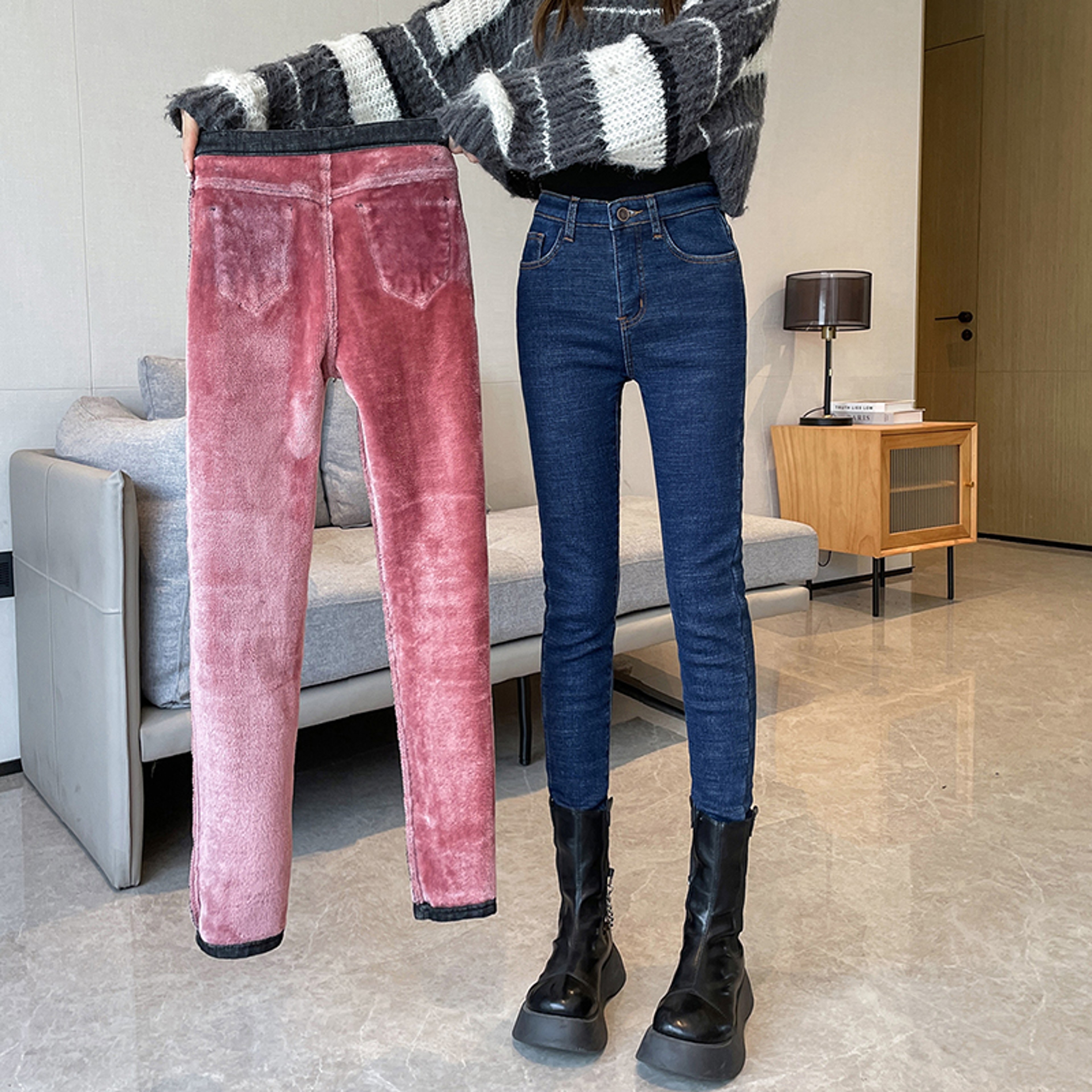 Women Thermal Stretch Jeans Winter Warm Fleece Stretchy Lined Denim Pants Leggings Slim Pants Trous 6
