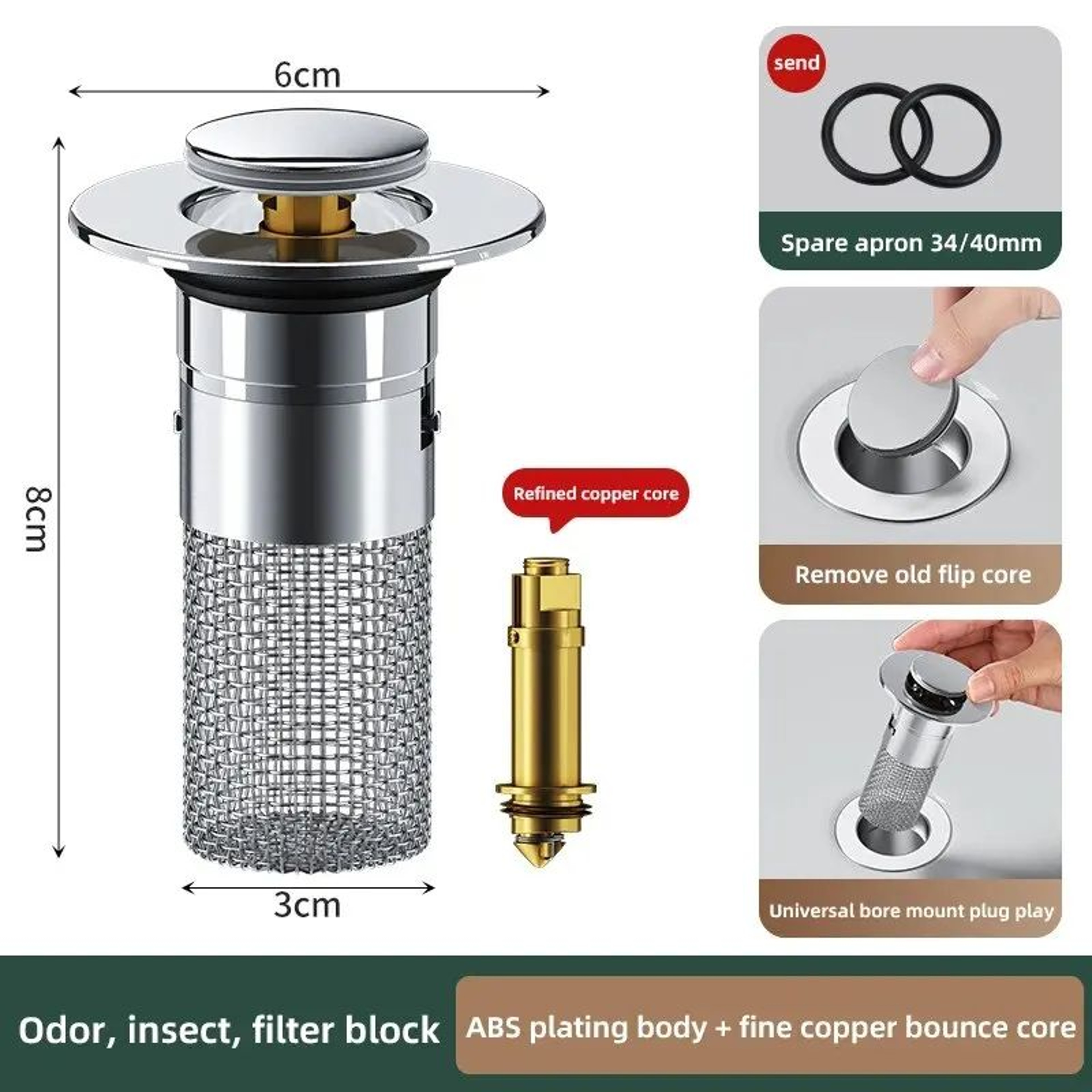 Stainless Steel Press Type Sink Drain Stopper Washbasin Leak Plug Bouncing Core Odor Proof Universa 5