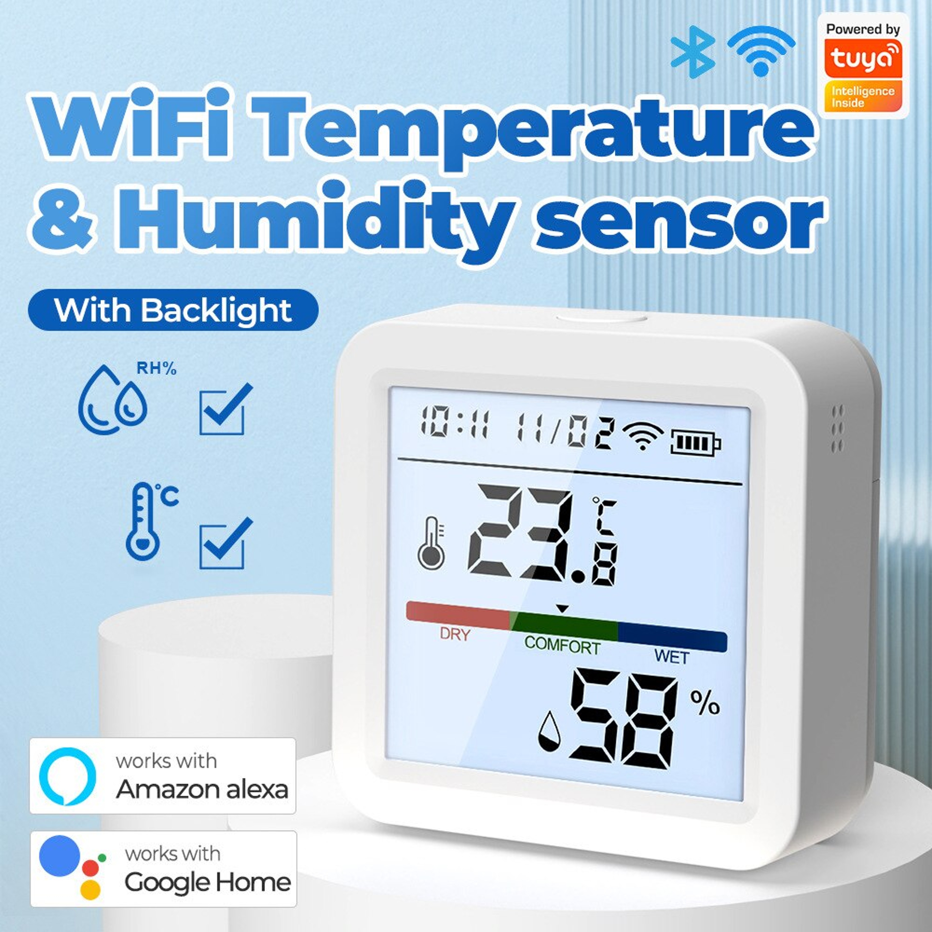 Smart Life WiFi Temperature Humidity Sensor, Backlit Hygrometer Thermometer, Supports Alexa & Google Home Assistant – view 1