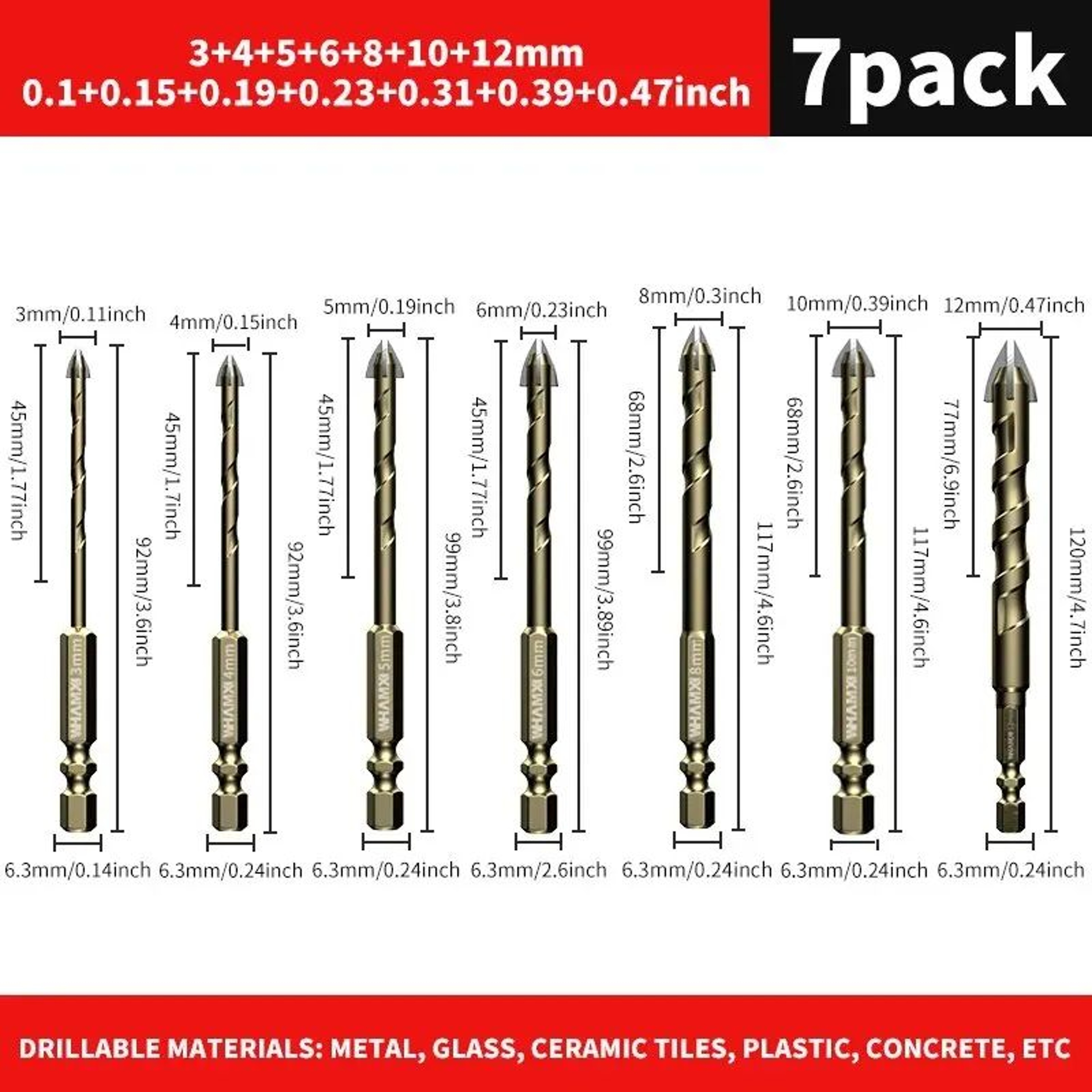 Cross Hex Tile Drill Bit Set For Glass Ceramic Concrete Tungsten Carbide Alloy Hard Bits For Tile H 7