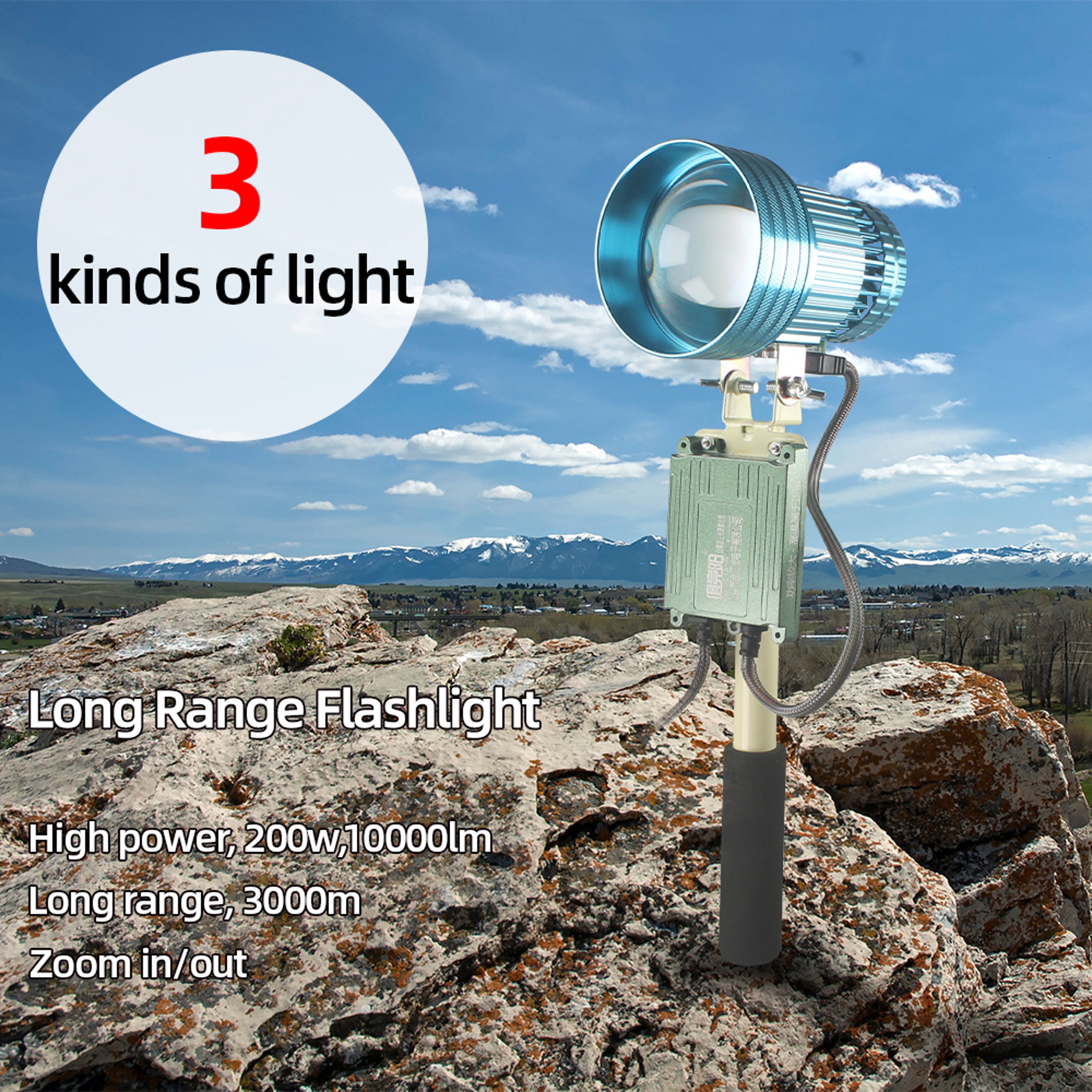 200W High Power Searchlight, Portable Long Range Flashlight with 3000m Zoomable Warm Light for Hunting & Outdoor – view 1