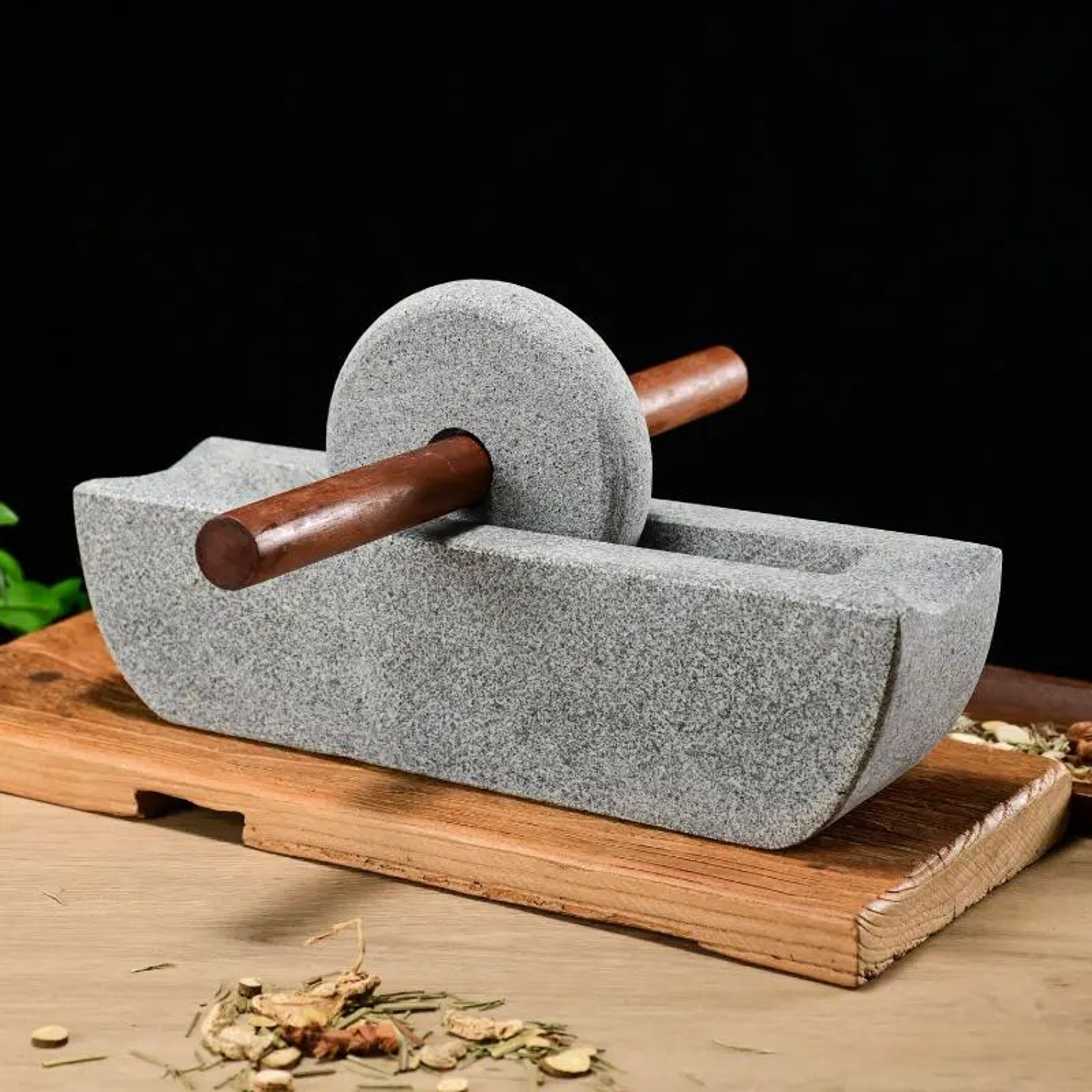 Traditional Chinese Medicine Grinder Set Wooden Home Mill With Crusher Roller Tea Tray And Herb Sea 2