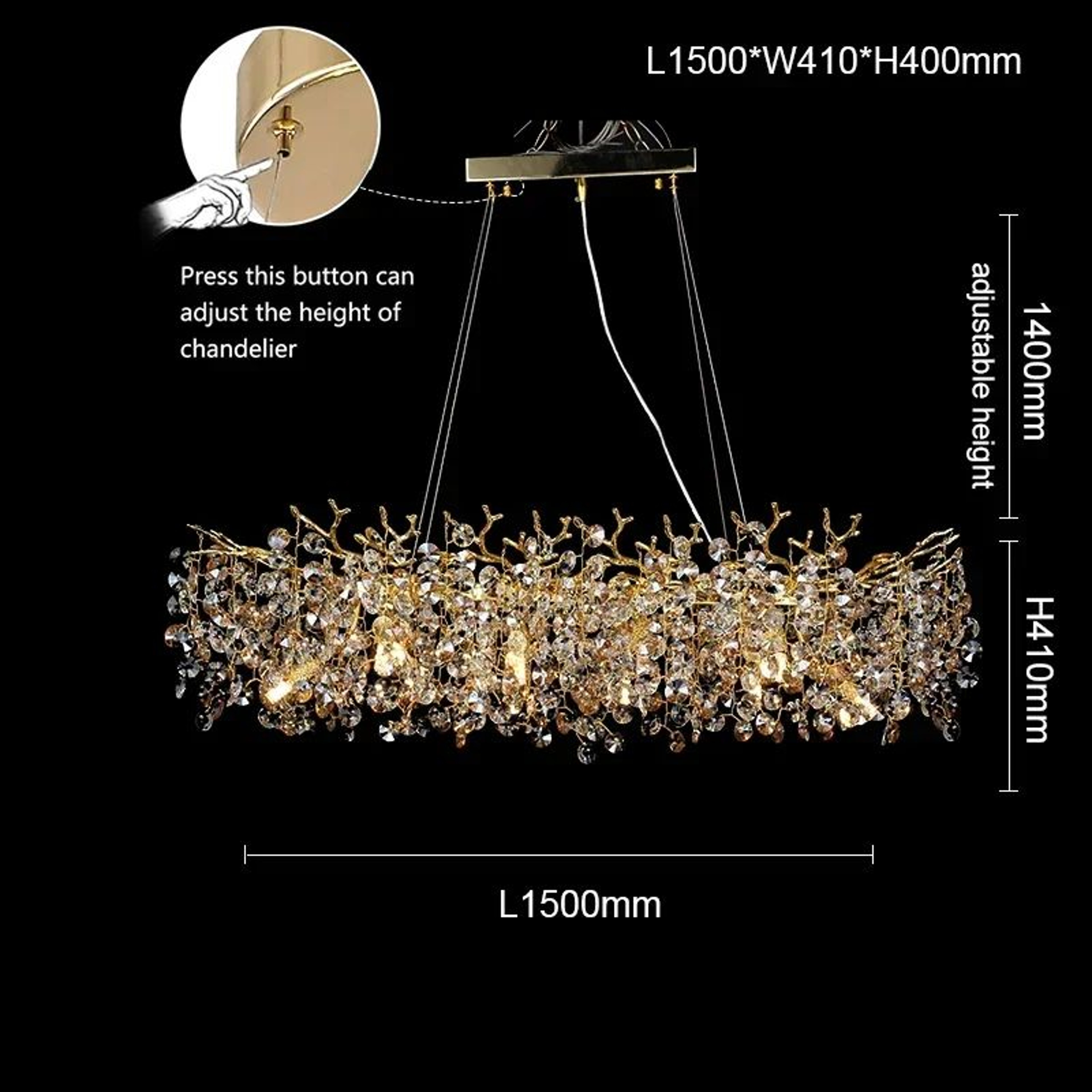 Modern Rectangle Crystal Chandelier Large Gold Branch Hanging Pendant Light For Dining Room Living  8