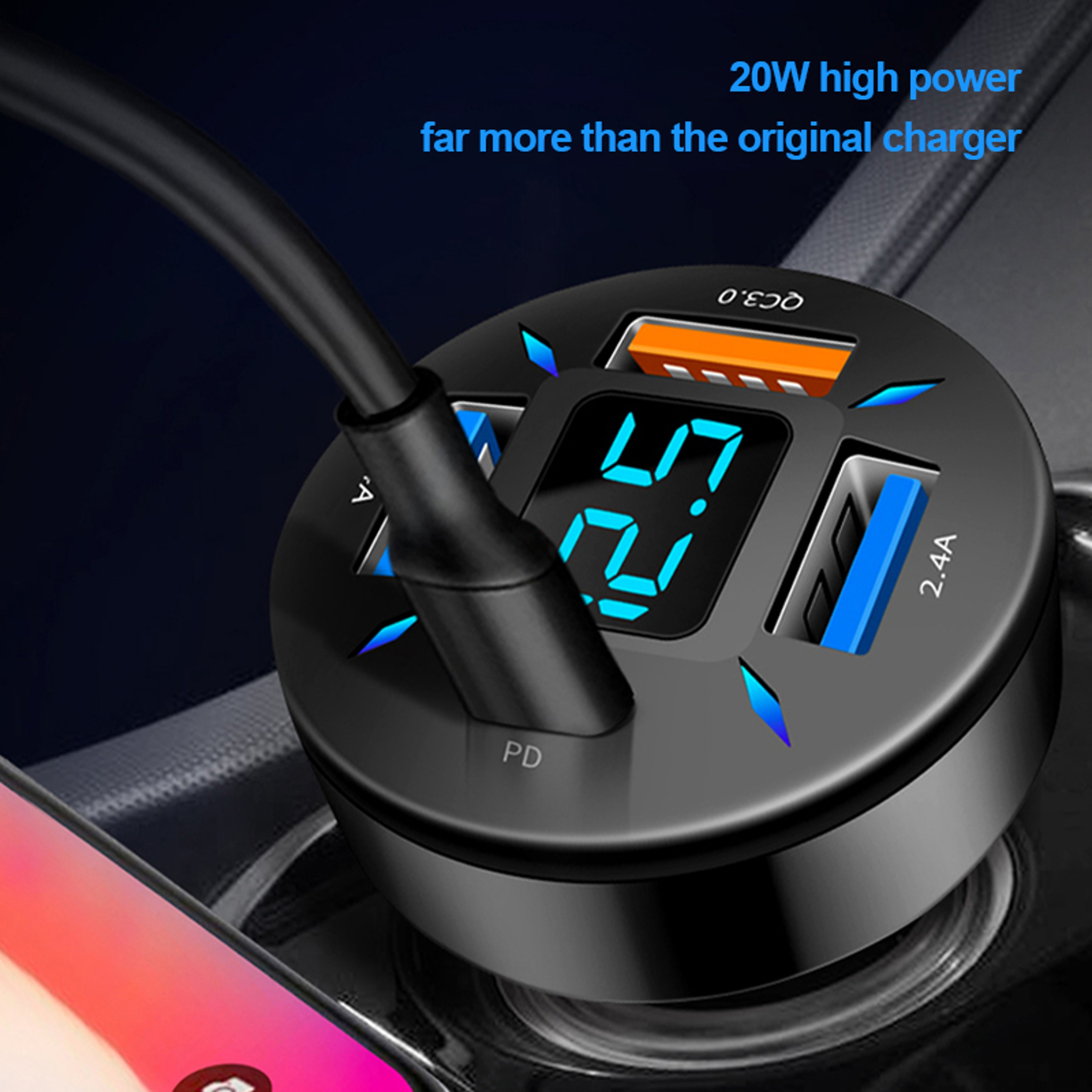 66W Quick Charge Car Phone Charger, PD & QC3.0 4 Port USB Cigarette Lighter Adapter for iPhone, Xiaomi, Samsung – view 2