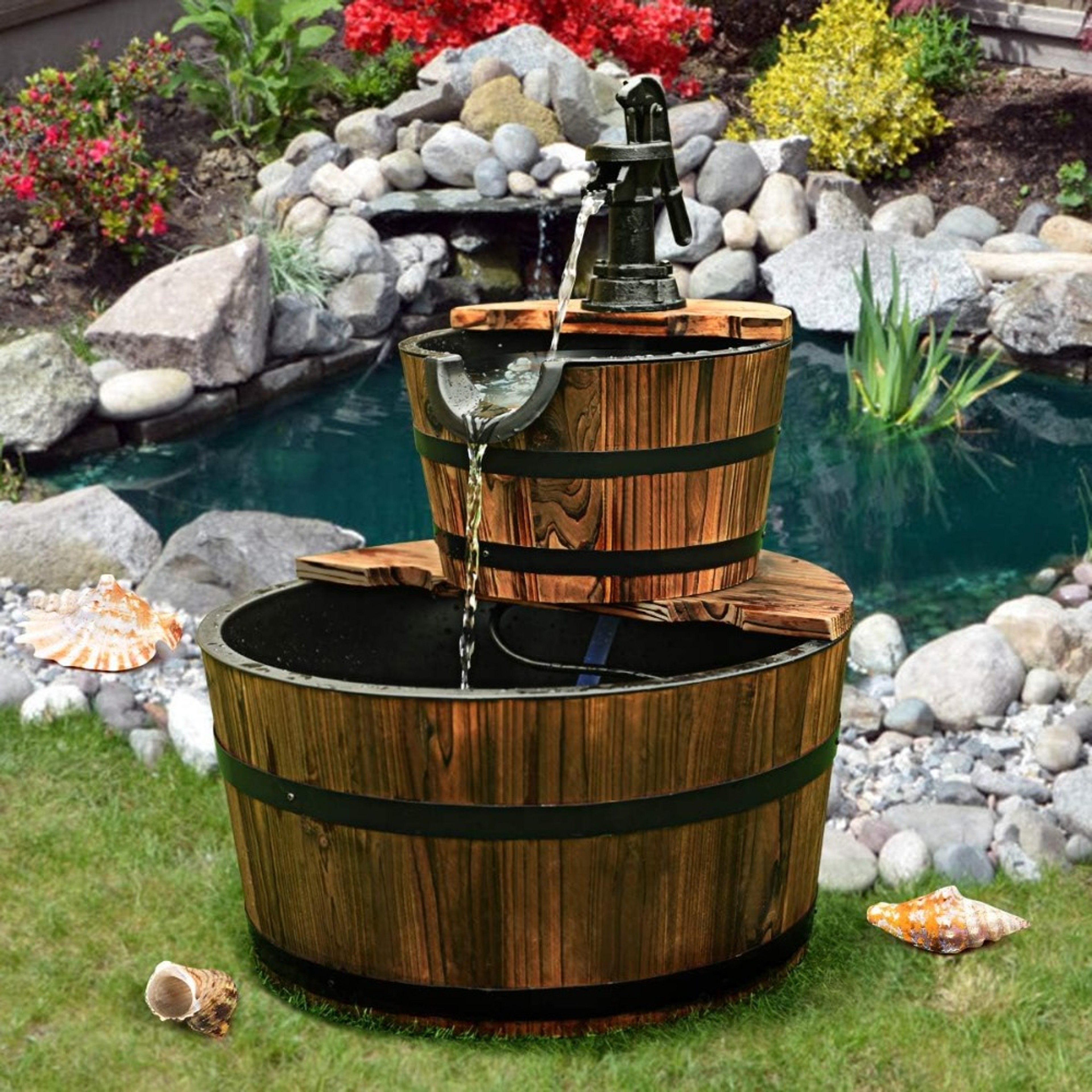 Rustic Wood Barrel Cascading Water Fountain with Electric Pump, Barrel Waterfall Fountain Outdoor for Garden & Patio – view 2