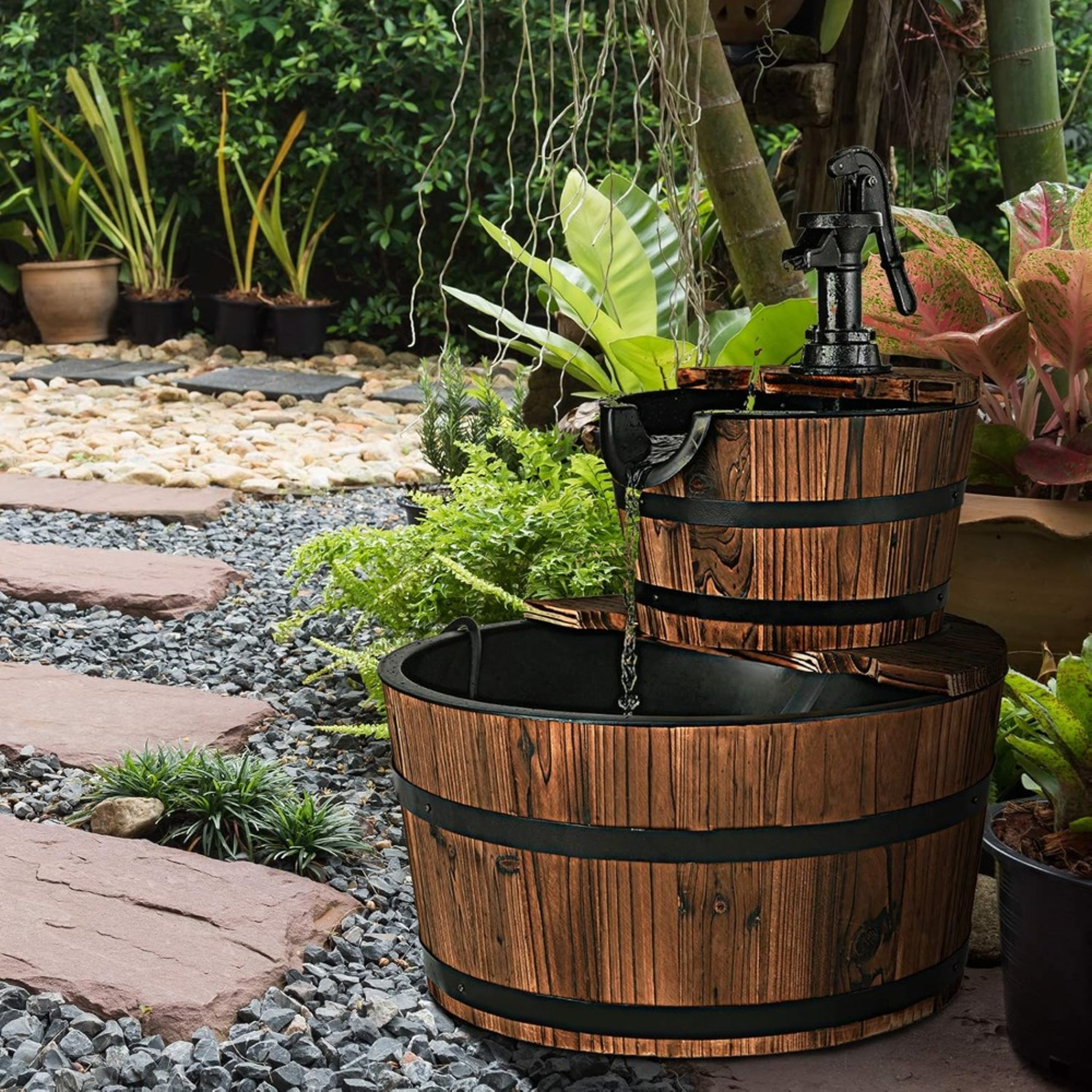 Rustic Wood Barrel Cascading Water Fountain with Electric Pump, Barrel Waterfall Fountain Outdoor for Garden & Patio – view 4