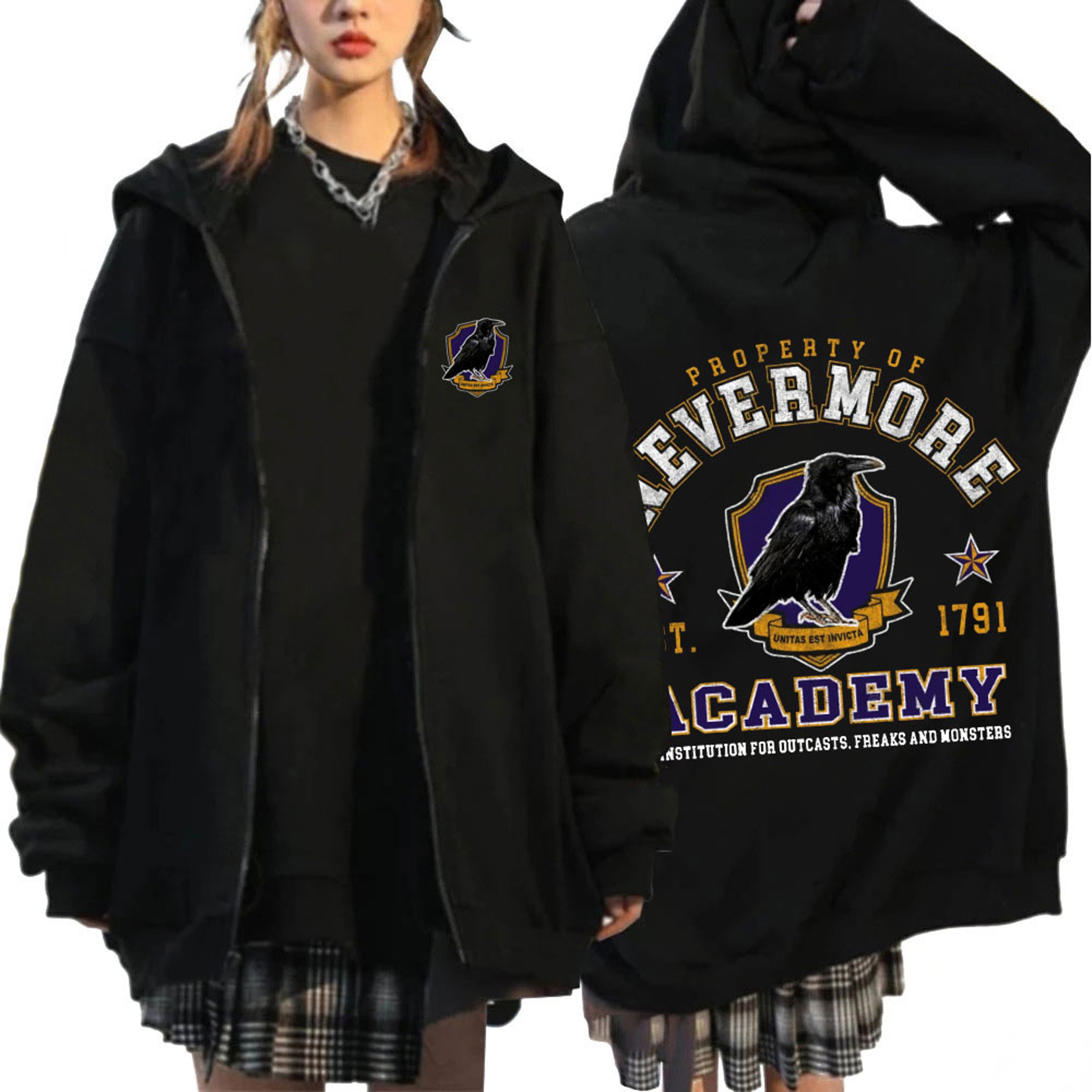 Nevermore Academy Hoodie Wednesday Addams Style Unisex Oversized Zip Up Sweatshirt For Cosplay  Cas 0