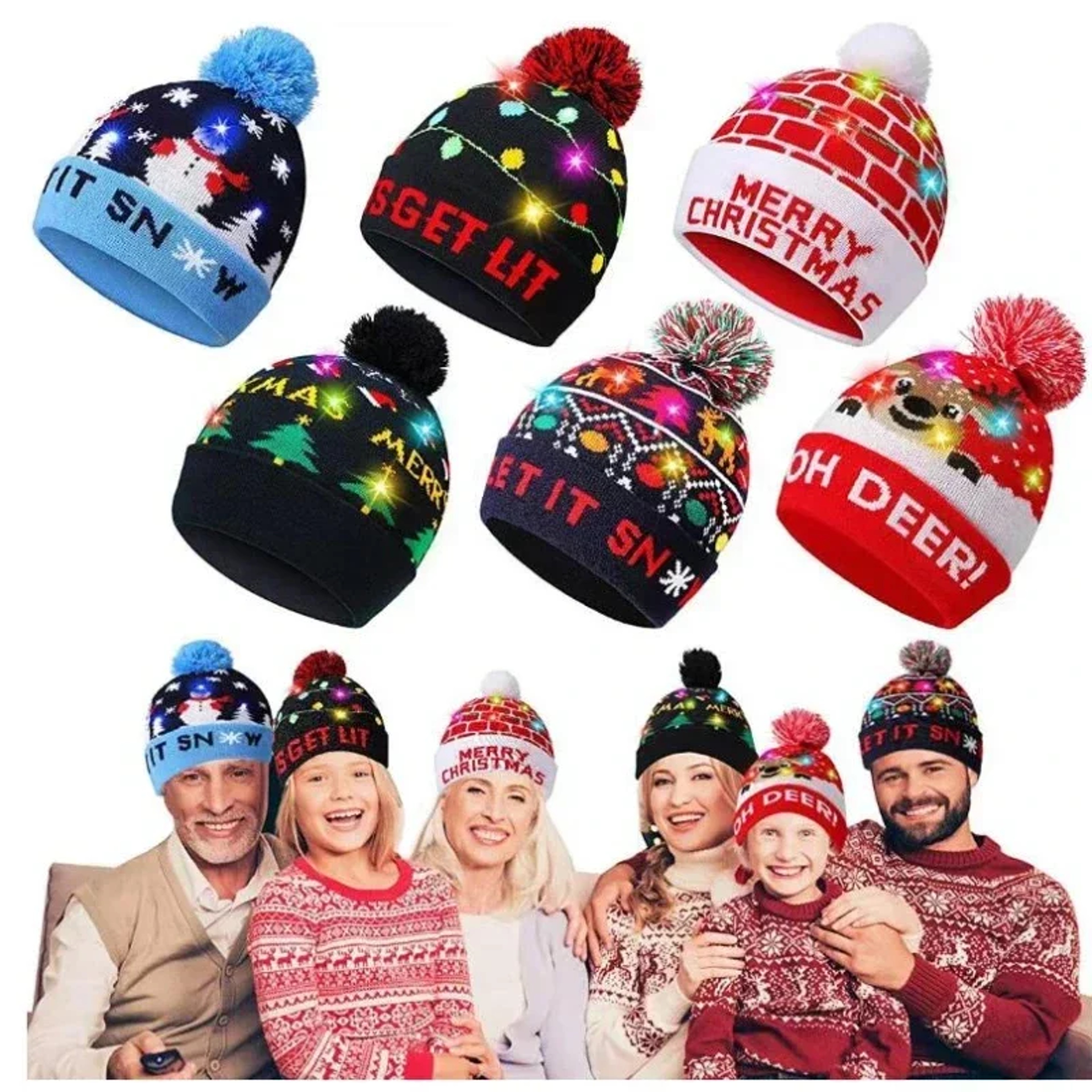 Snowman Knitted Christmas Hat with Colorful LED Lights, Warm Winter Cap for Adults & Kids, Xmas Party Decor and Novelty – view 1