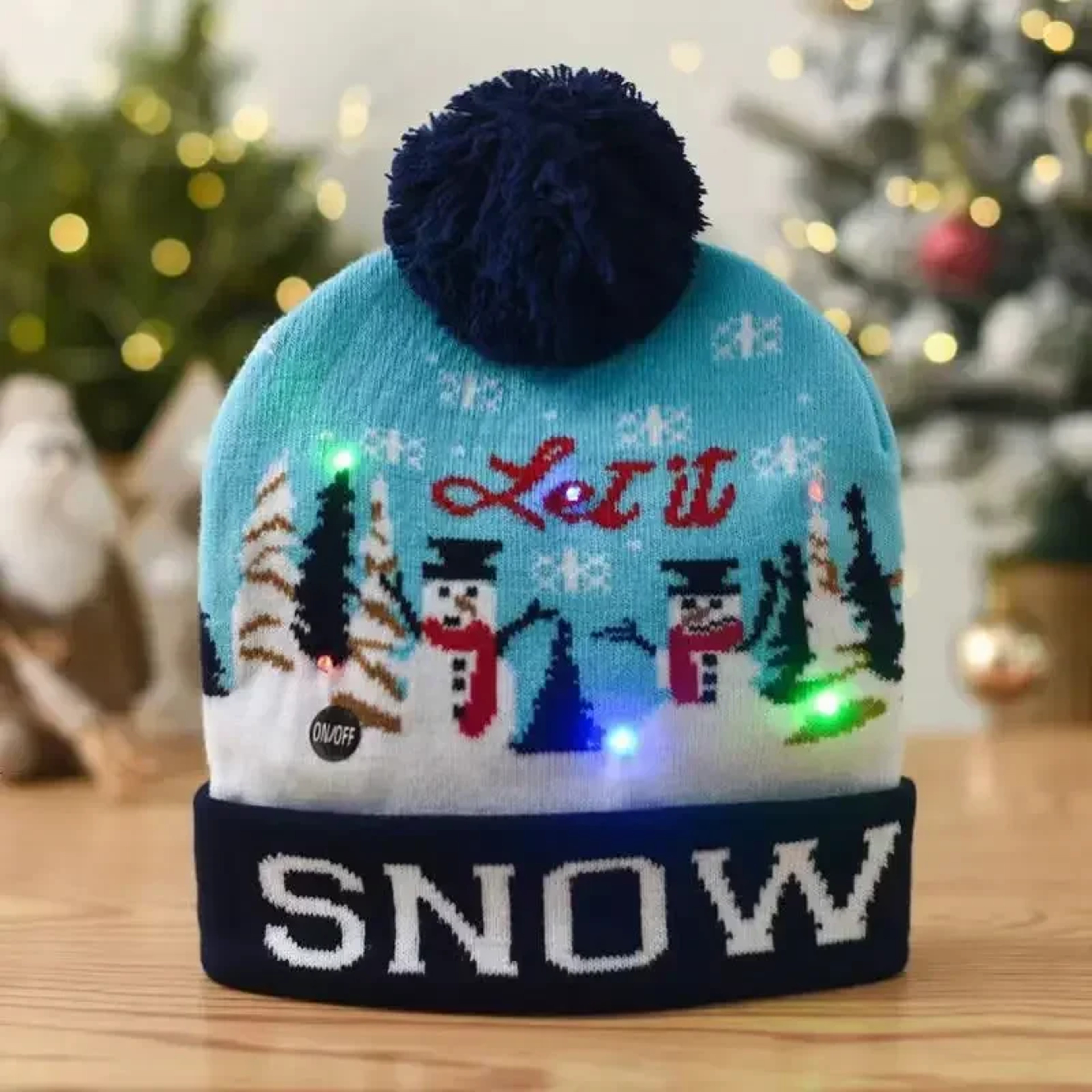 Snowman Knitted Christmas Hat with Colorful LED Lights, Warm Winter Cap for Adults & Kids, Xmas Party Decor and Novelty – view 8