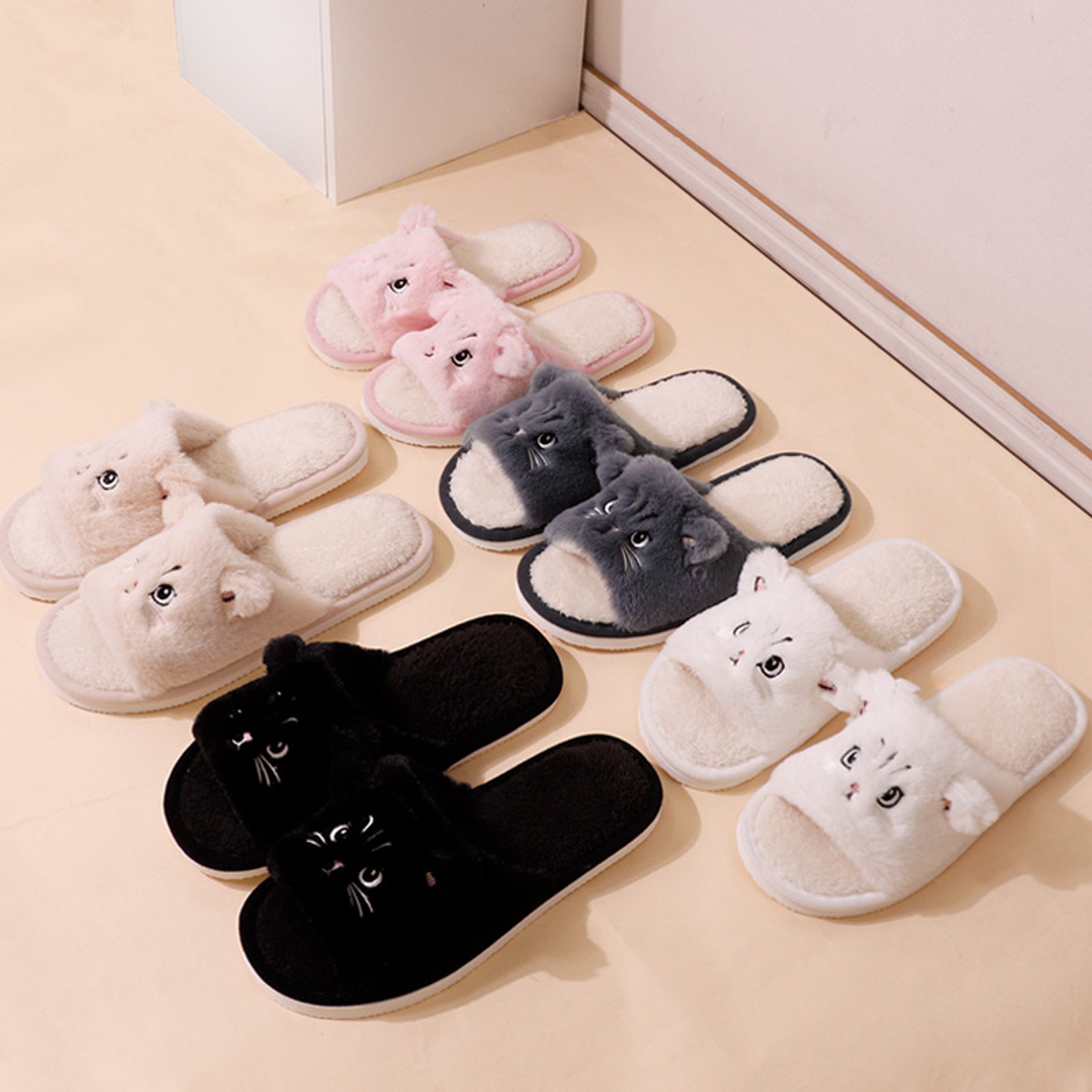 Cute Cartoon Cat Home Slippers for Women, Open Toe Non-Slip Wave Sole Faux Fur Slides for Autumn & Winter – view 6