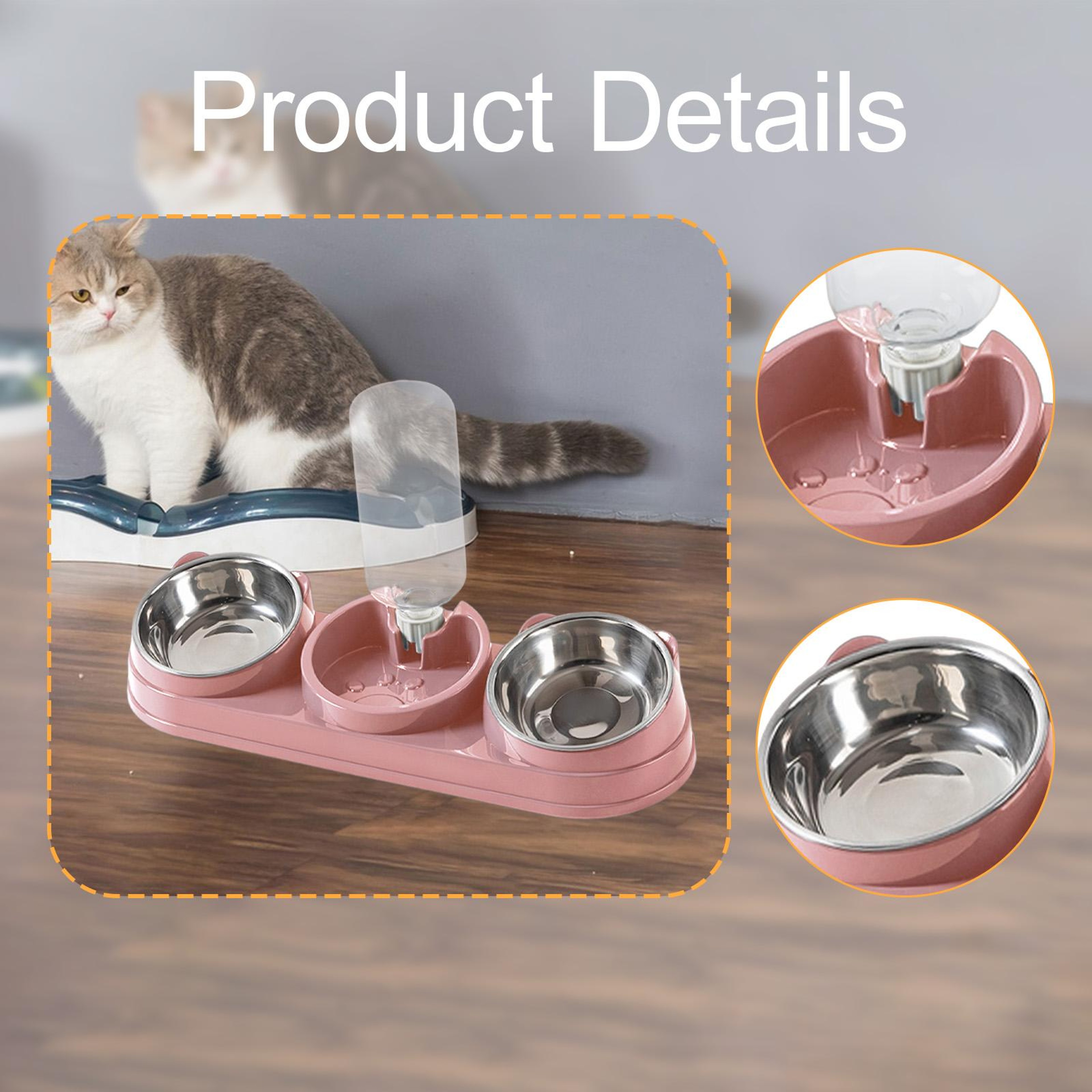 3in1 Triple Cat Bowl Pet Food And Water Bowl Tilted At 15 For Wet And Dry Food 3