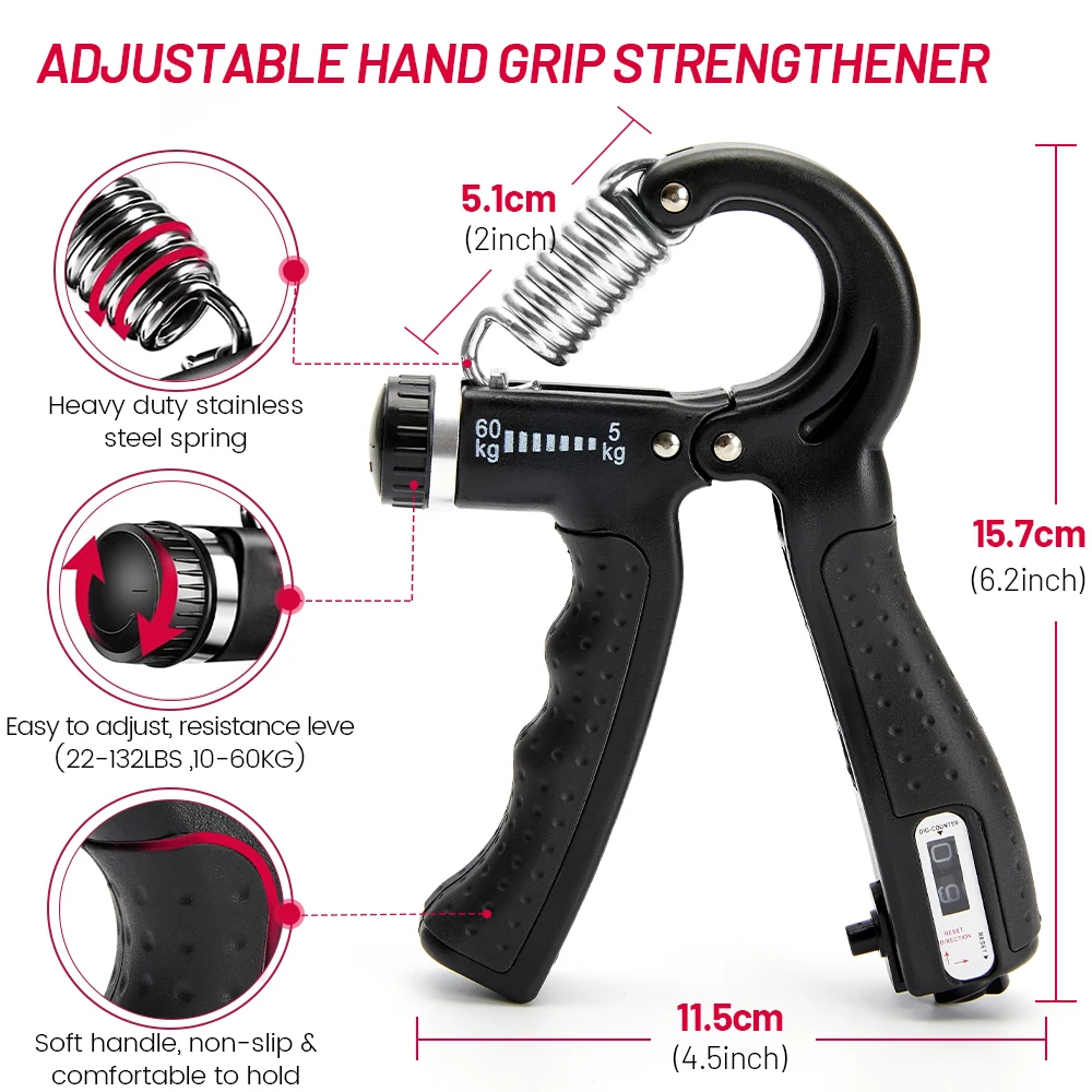 Wrist Forearm And Hand Exerciser Full Set With Counter, 5-60kg Adjustable Hand Grip Strength Trainer For Stronger Grip – view 4