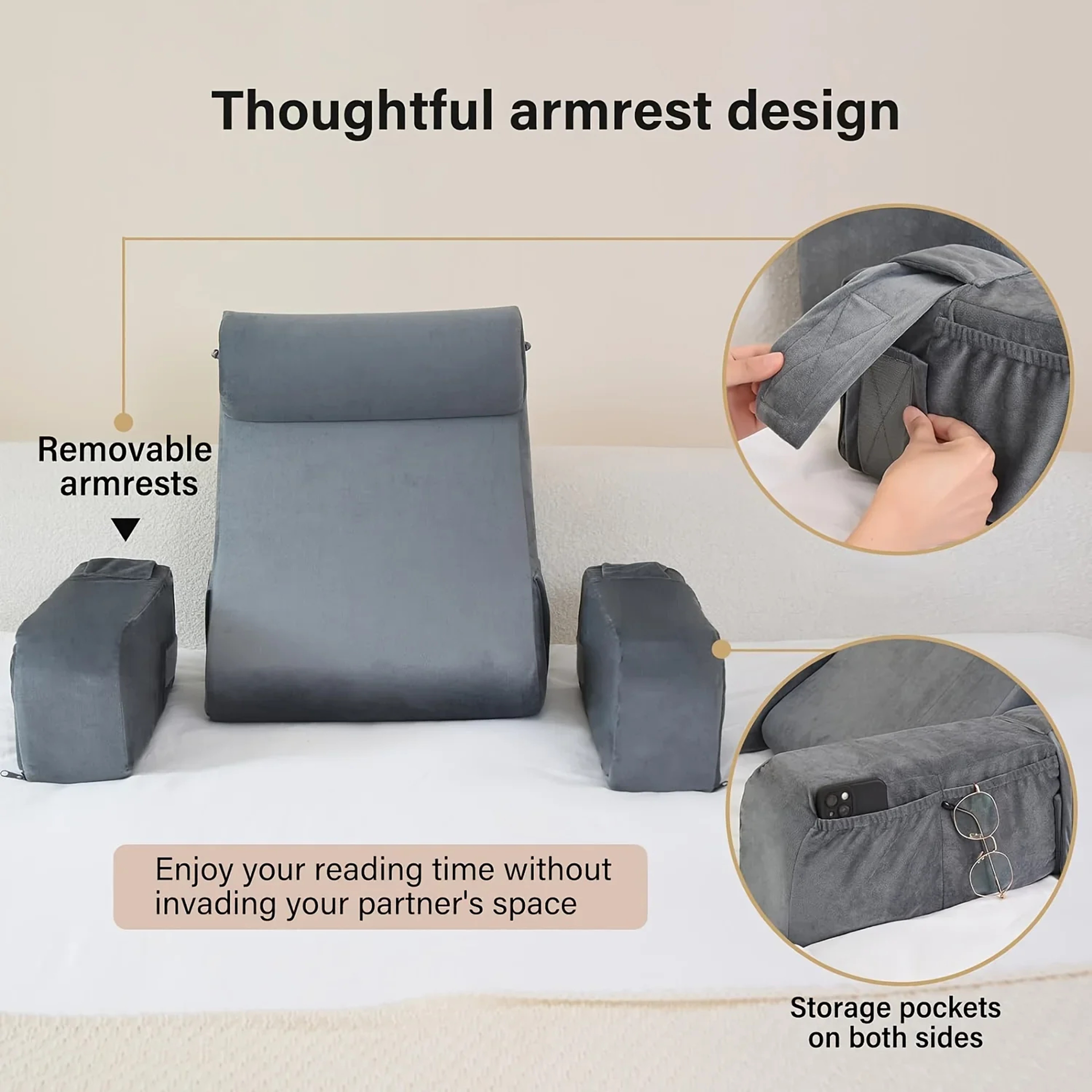 Ergonomic Back Support Cushion for Bed Chair, Reading Pillow with Armrests Cushion, TV Gaming Comfort Accessory Bed – view 3