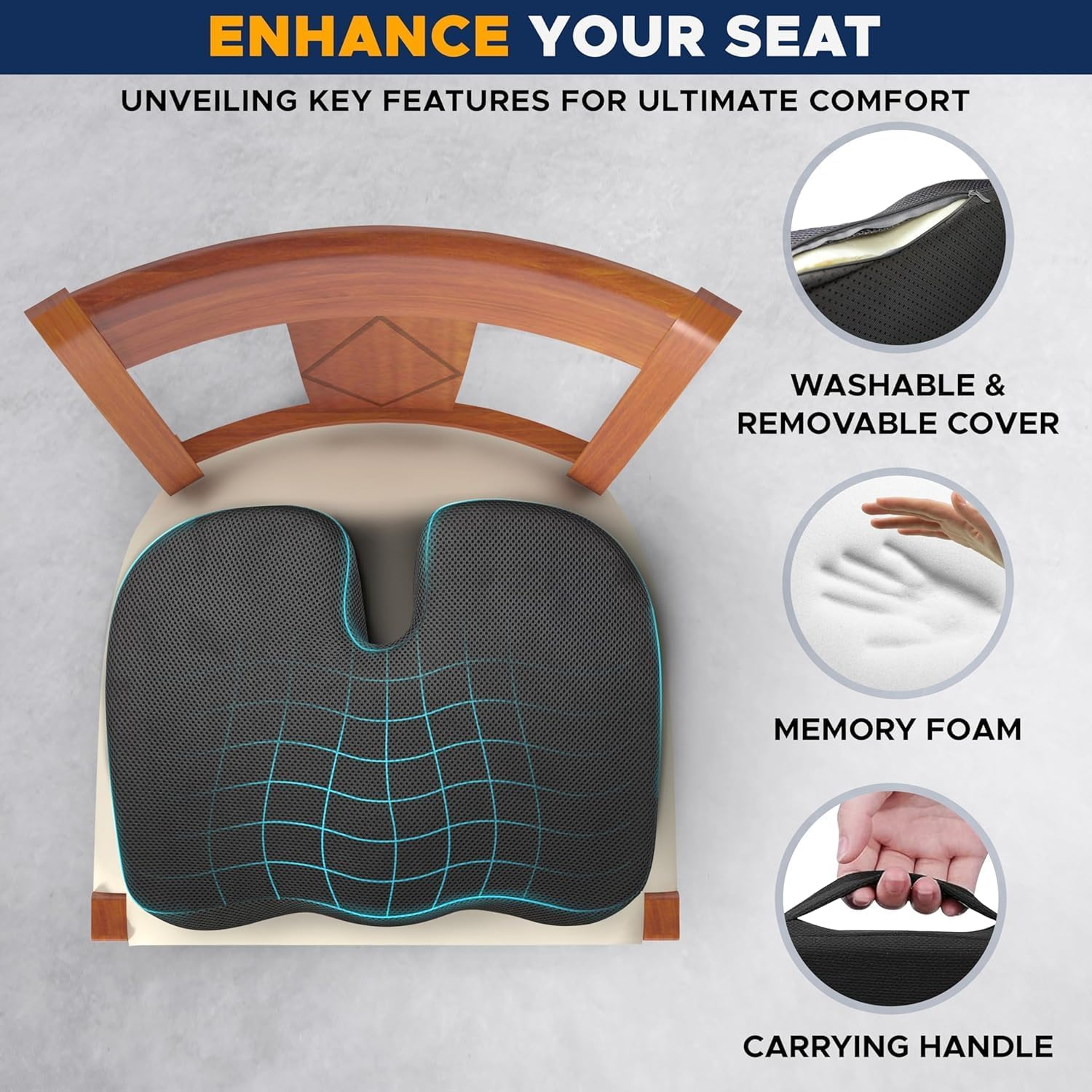 Gel Memory Foam Seat Cushion with U Shaped Coccyx Design and Non Slip Bottom – view 3
