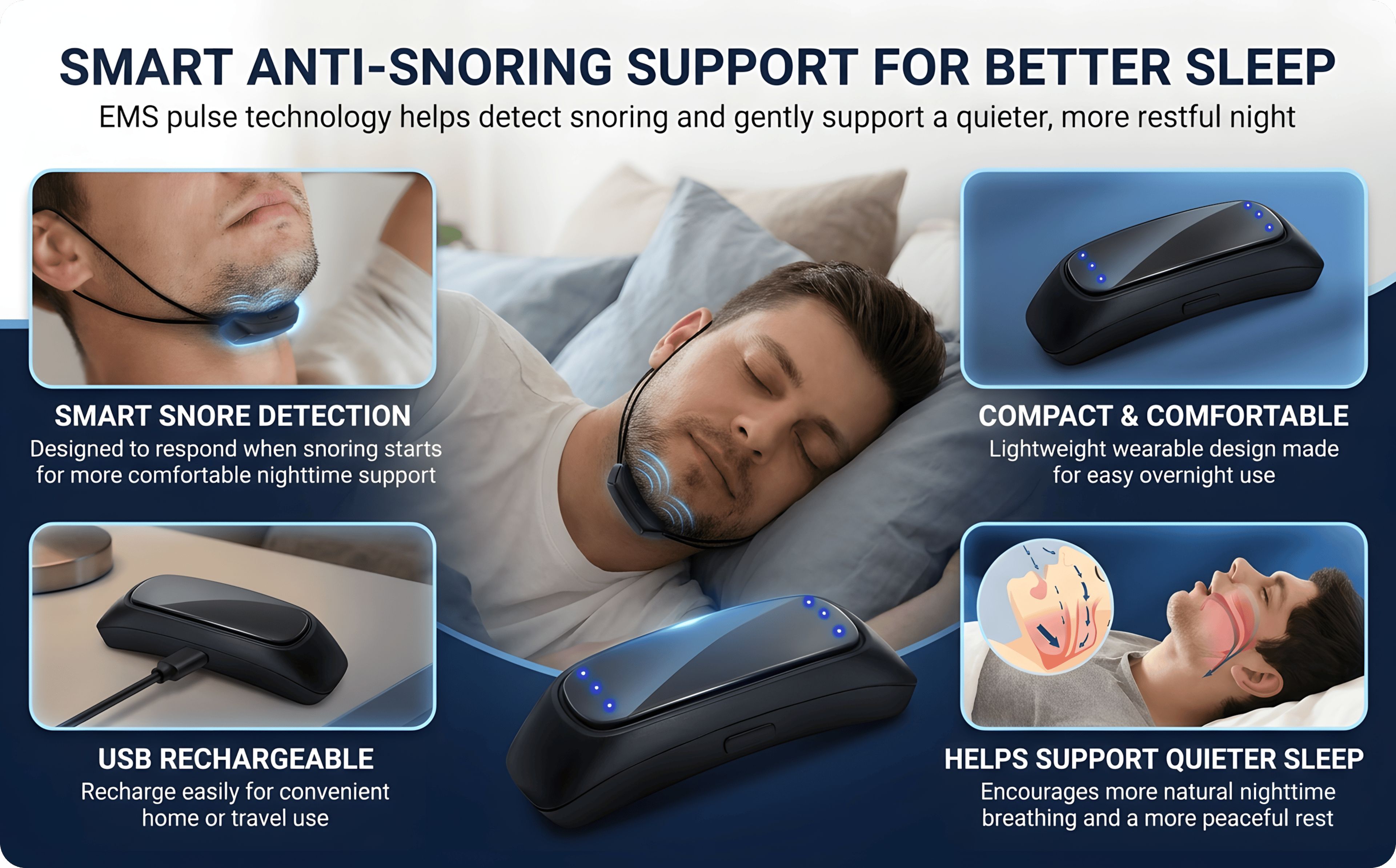Sleep Well Stop Snore Device, EMS Pulse Comfortable Aid, Smart USB Anti Snoring Sleep Apnea Health Care – view 11