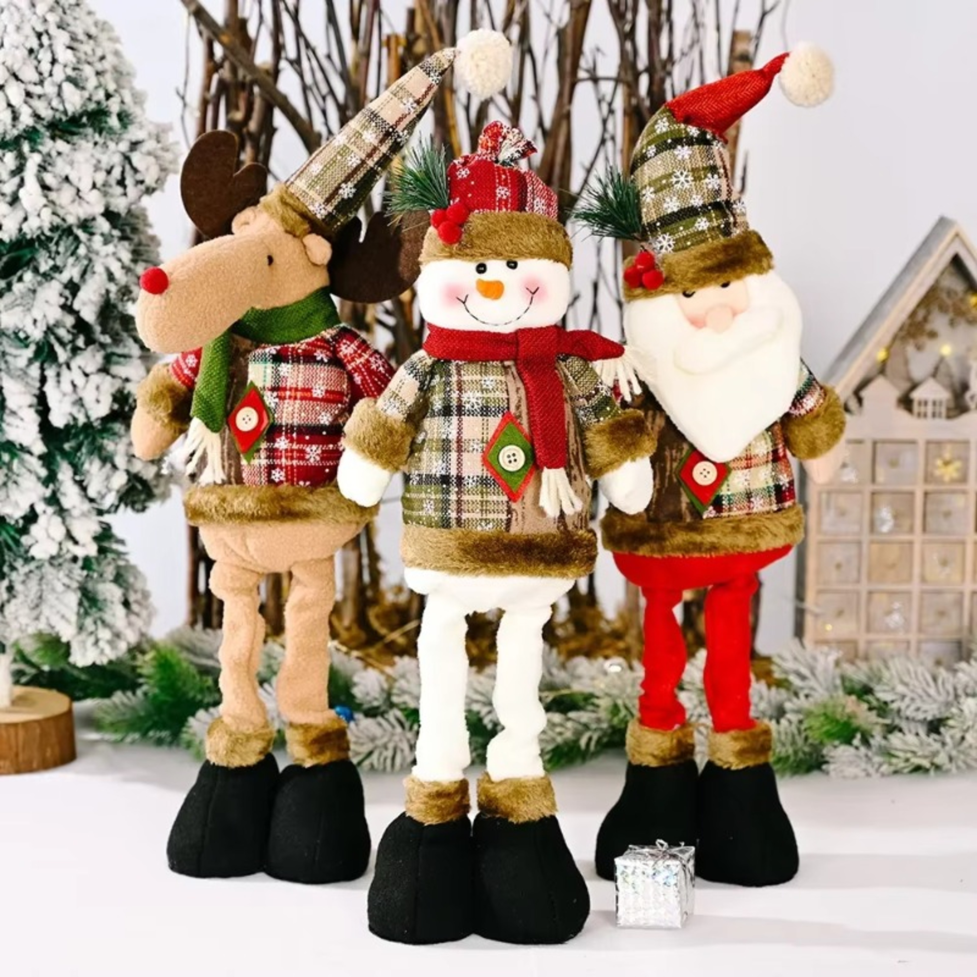 Retractable Snowman, Christmas Ornament, Reindeer Santa Plaid Standing Home Decor Doll, Kids Gift, New Year Decorations – view 1