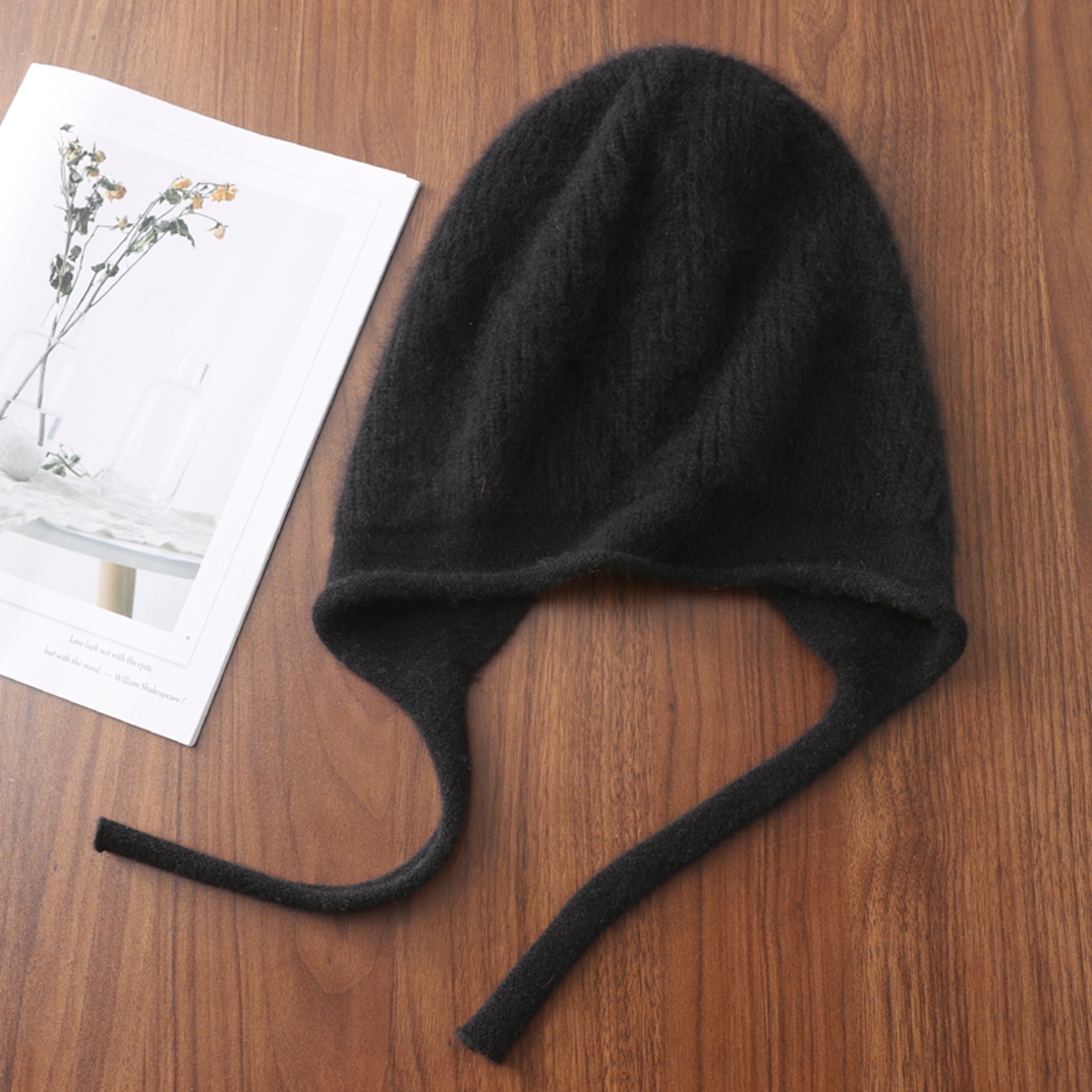 Cute Laceup Womens Winter Knitted Hats Pure Wool Pullover Beanie Windproof Earflap 3