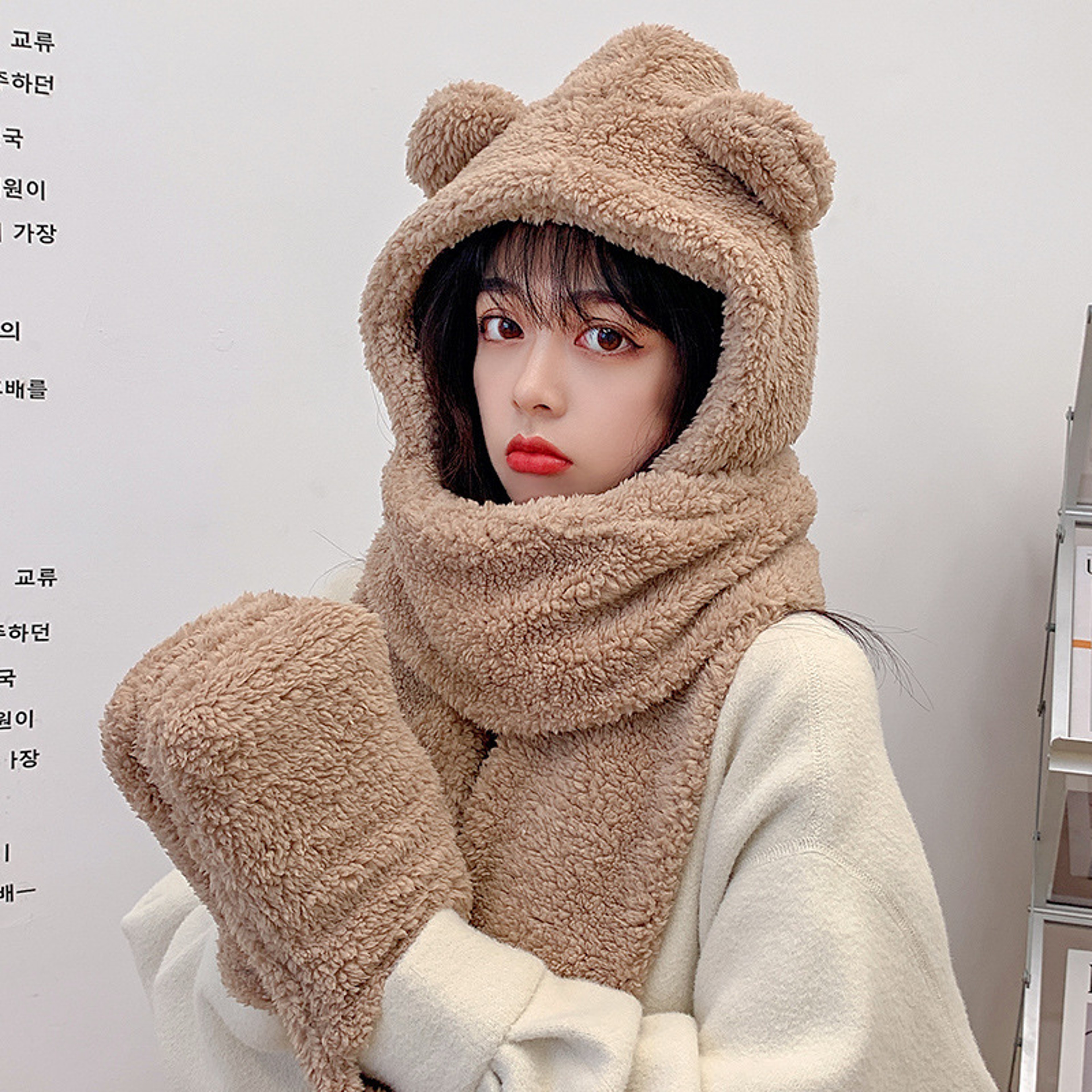 Teddy Bear Hat Womens Autumn Winter Plush Scarf Onepiece Hooded Gloves Three Piece Warm Set 3