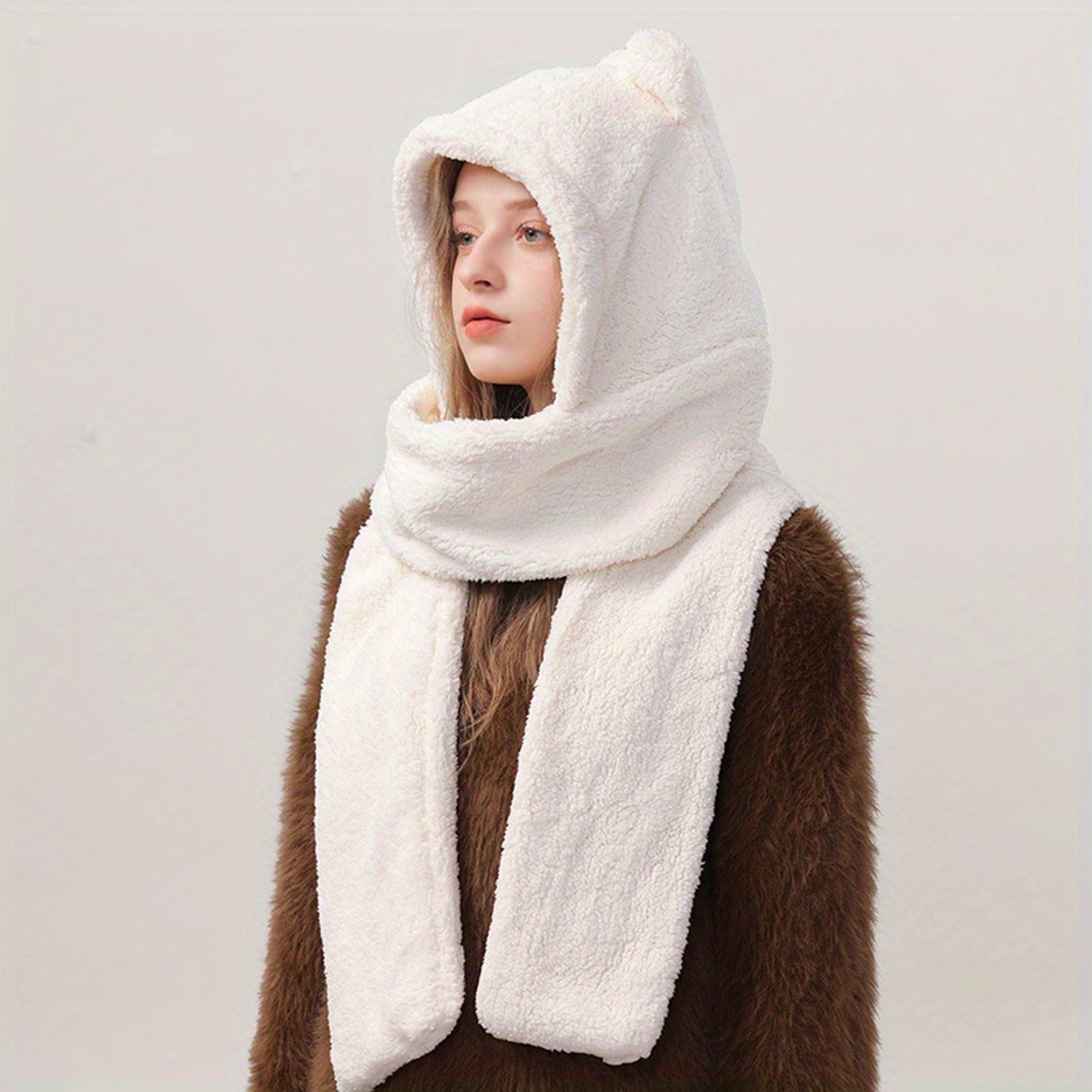 Bear Ear Hoodie Hat Scarf Gloves Set Winter Warm Cute Casual Plush Girl Fashion Comforts Polyester 1