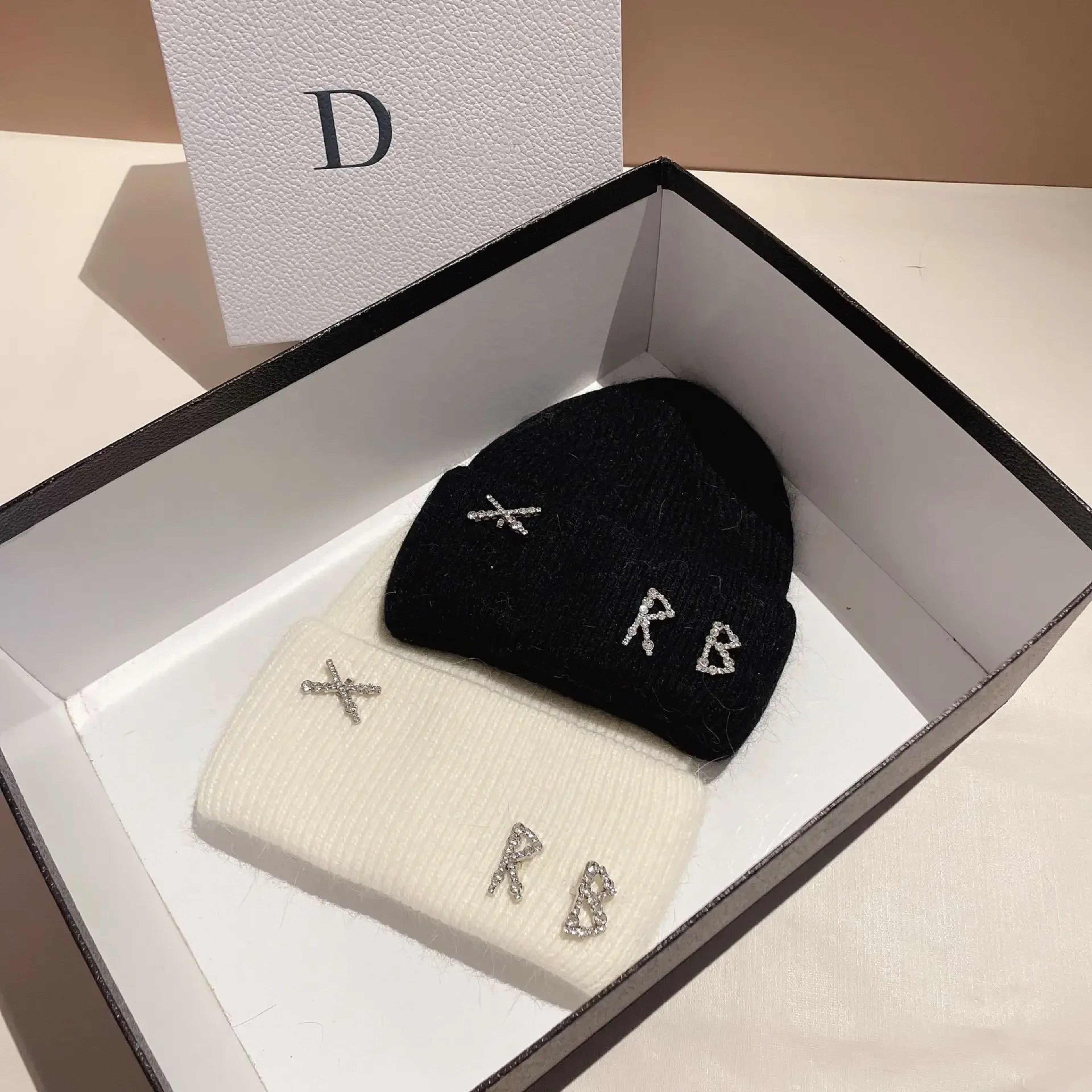 Winter Warm Real Rabbit Fur Beanies Hats with Diamond Letter for Women Skiing Cap Casual Bonnet – view 3