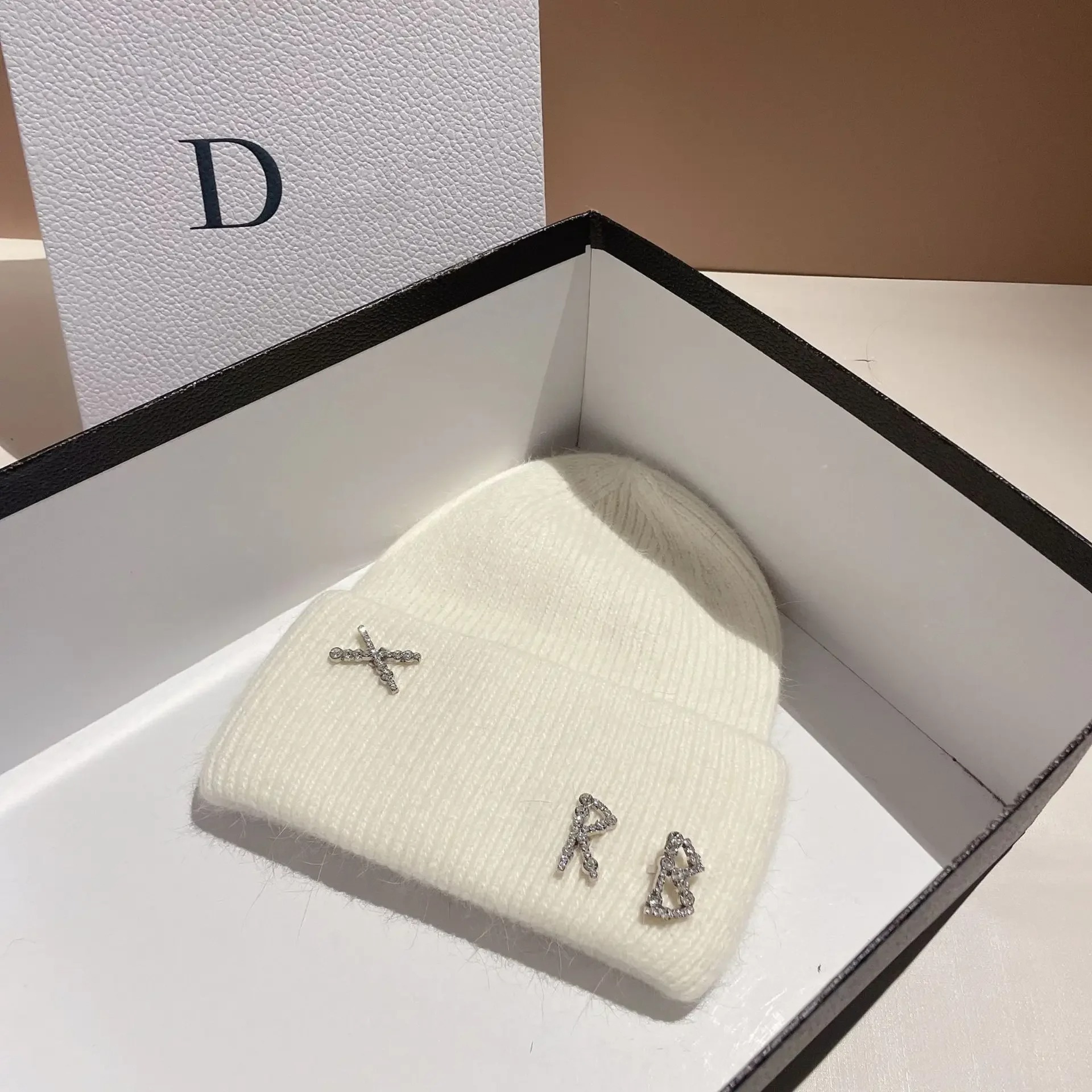 Winter Warm Real Rabbit Fur Beanies Hats with Diamond Letter for Women Skiing Cap Casual Bonnet – view 5