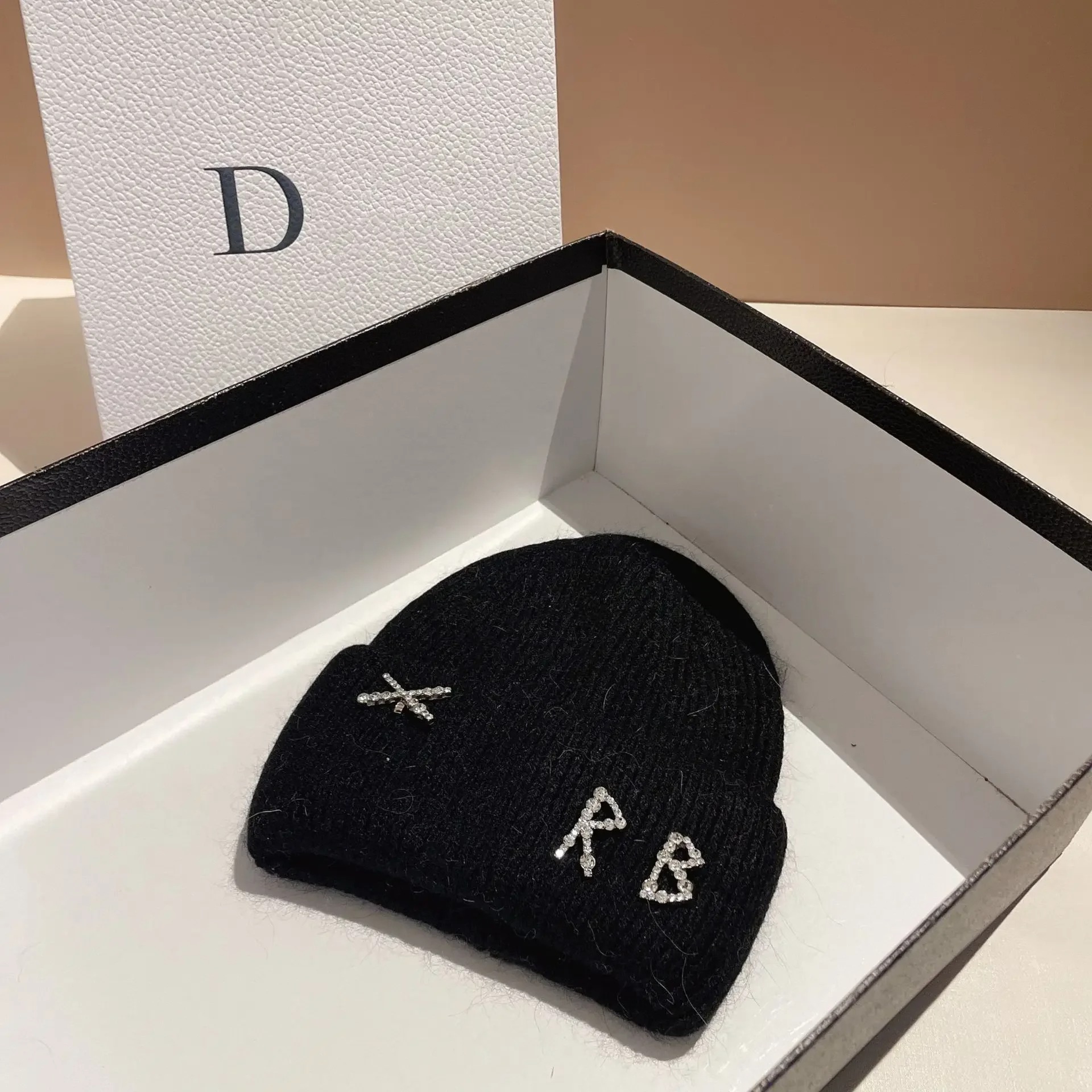 Winter Warm Real Rabbit Fur Beanies Hats with Diamond Letter for Women Skiing Cap Casual Bonnet – view 6