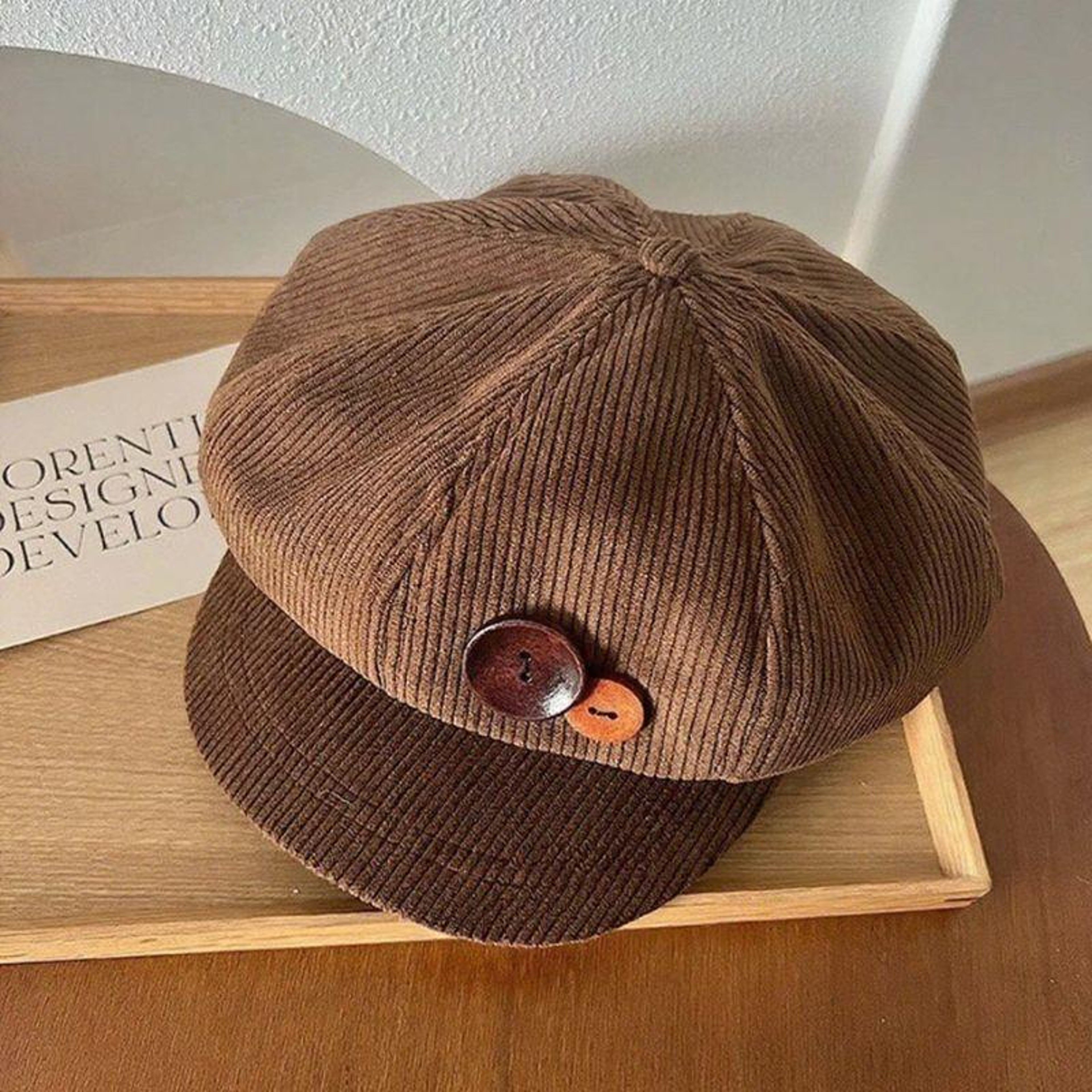 Button Vintage Corduroy Beret Hat For Women Brown Octagonal Caps Autumn Winter Painter Artist Hats  3