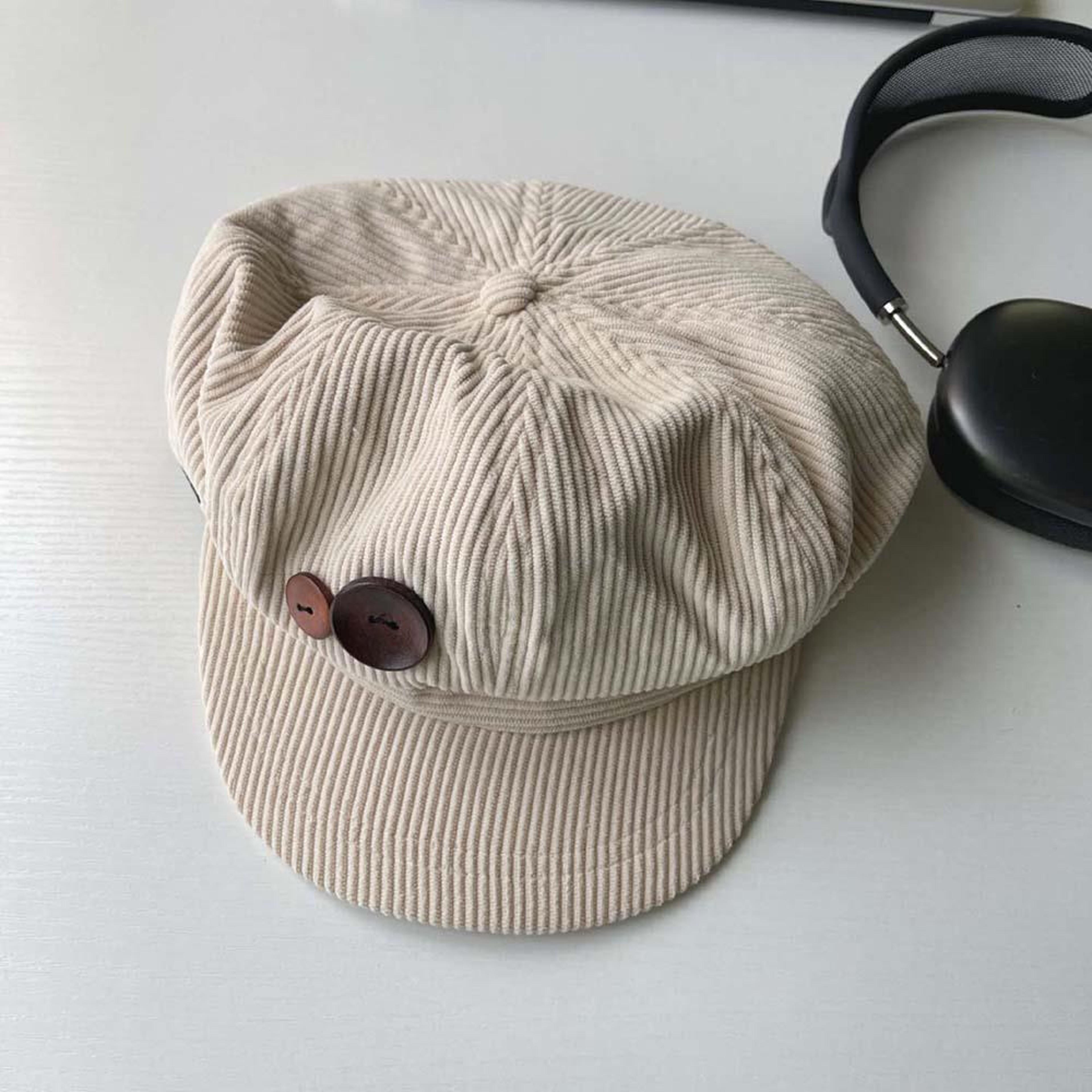 Button Vintage Corduroy Beret Hat For Women Brown Octagonal Caps Autumn Winter Painter Artist Hats  7