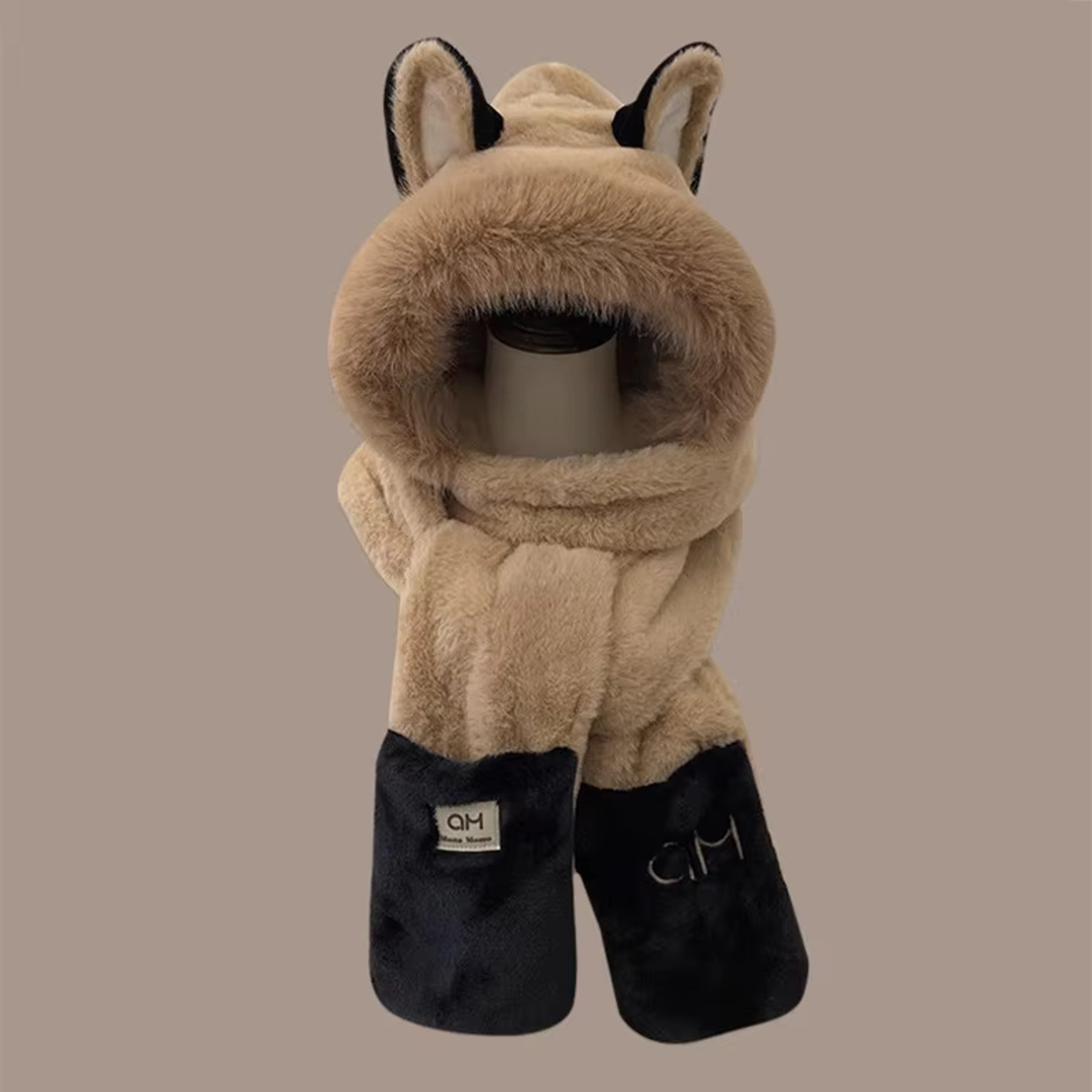 Fashionable OnePiece Plush Hat Winter Fox Warm Ear Protection Scarf 3