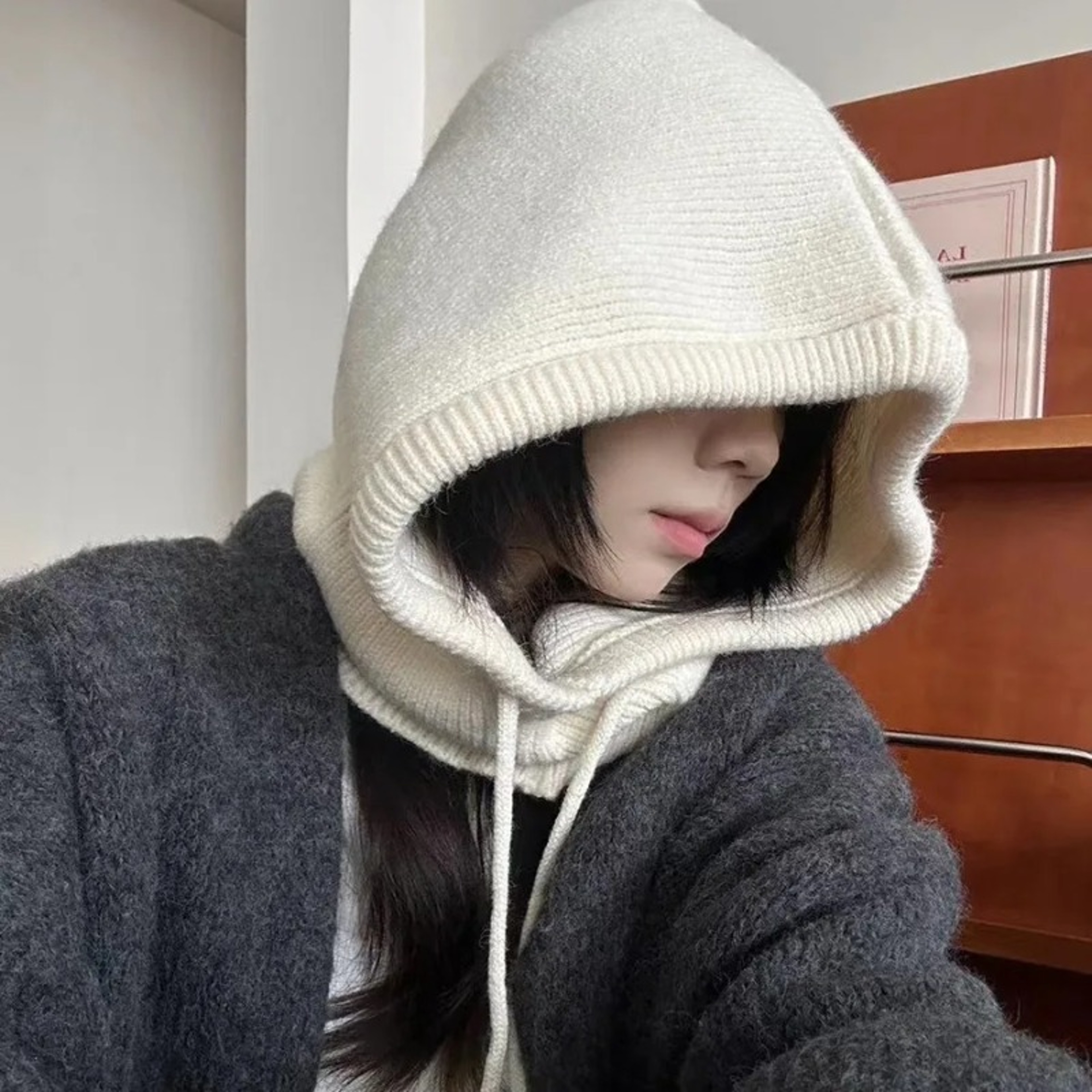Winter Balaclava Hats Women Style Knitted Hooded Caps Outdoor Warmer Onepiece Drawstring Neck Colla 3