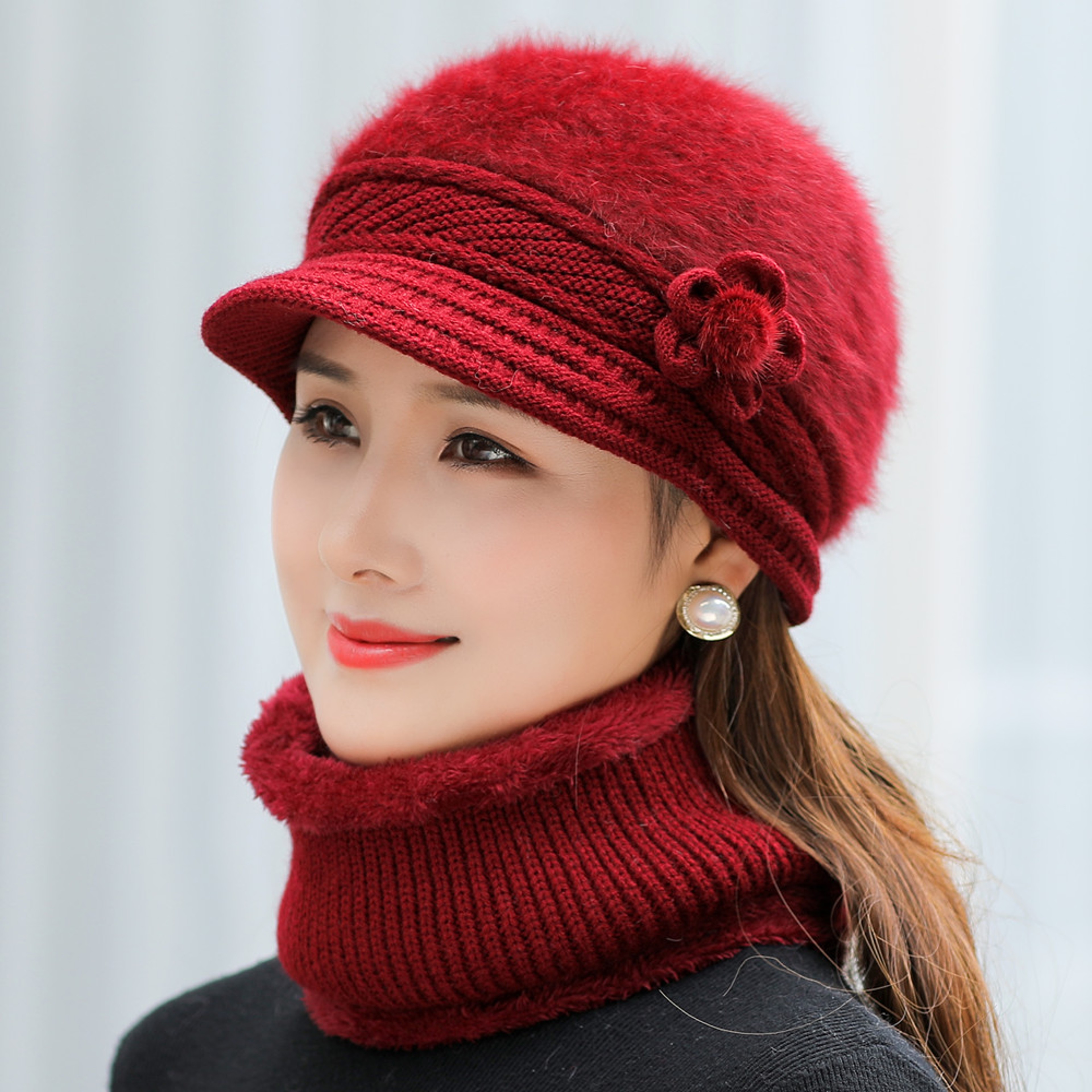 Fashion Women Winter Hat Faux Fur Knitted Hat Scarf Warm Set Keep Warm Cap Casual Flower Hat Lined  3