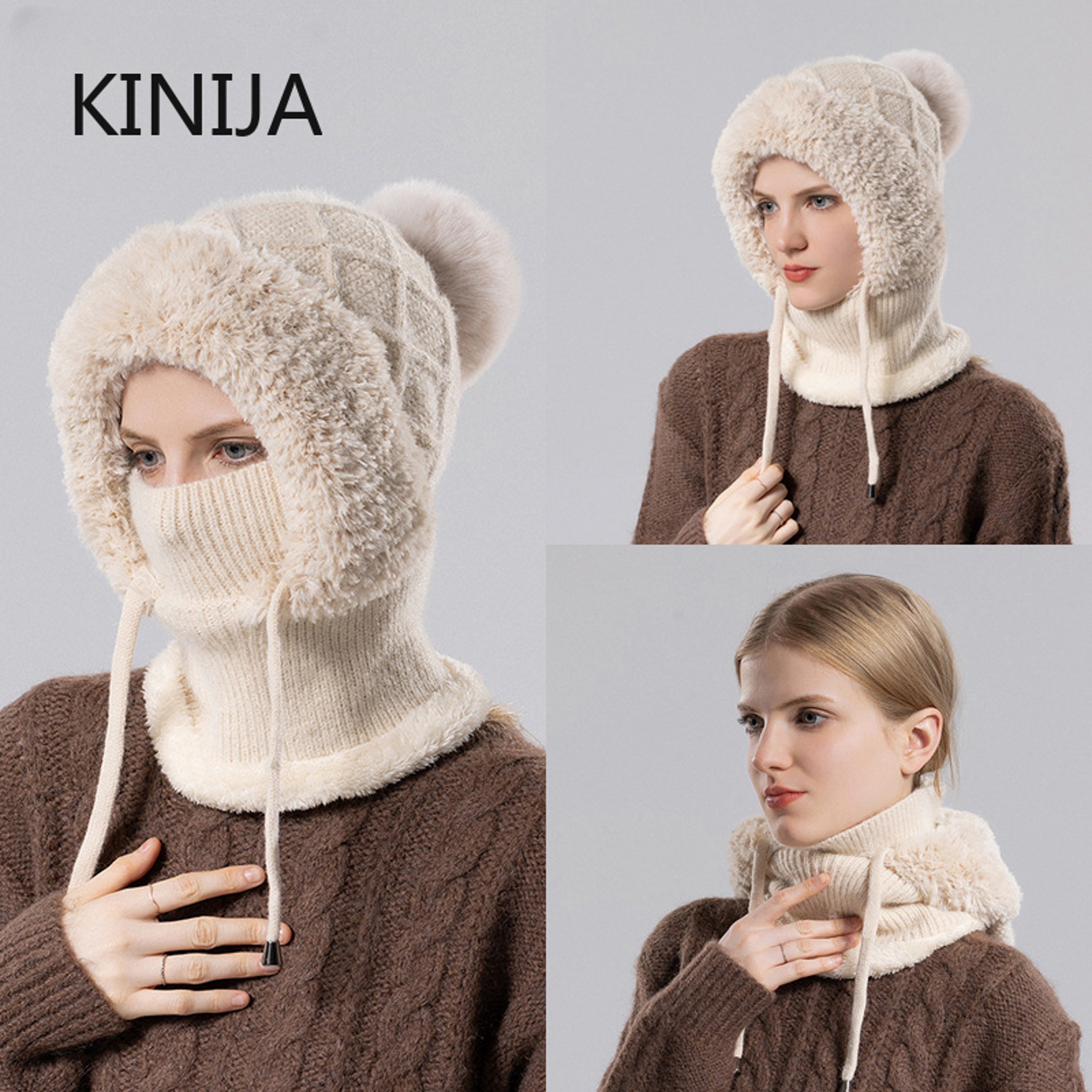 Women Winter Balaclava Hat Velvet Knitted Woolen Ear Protection Fluffy Mask Neck Integrated Warmth  0