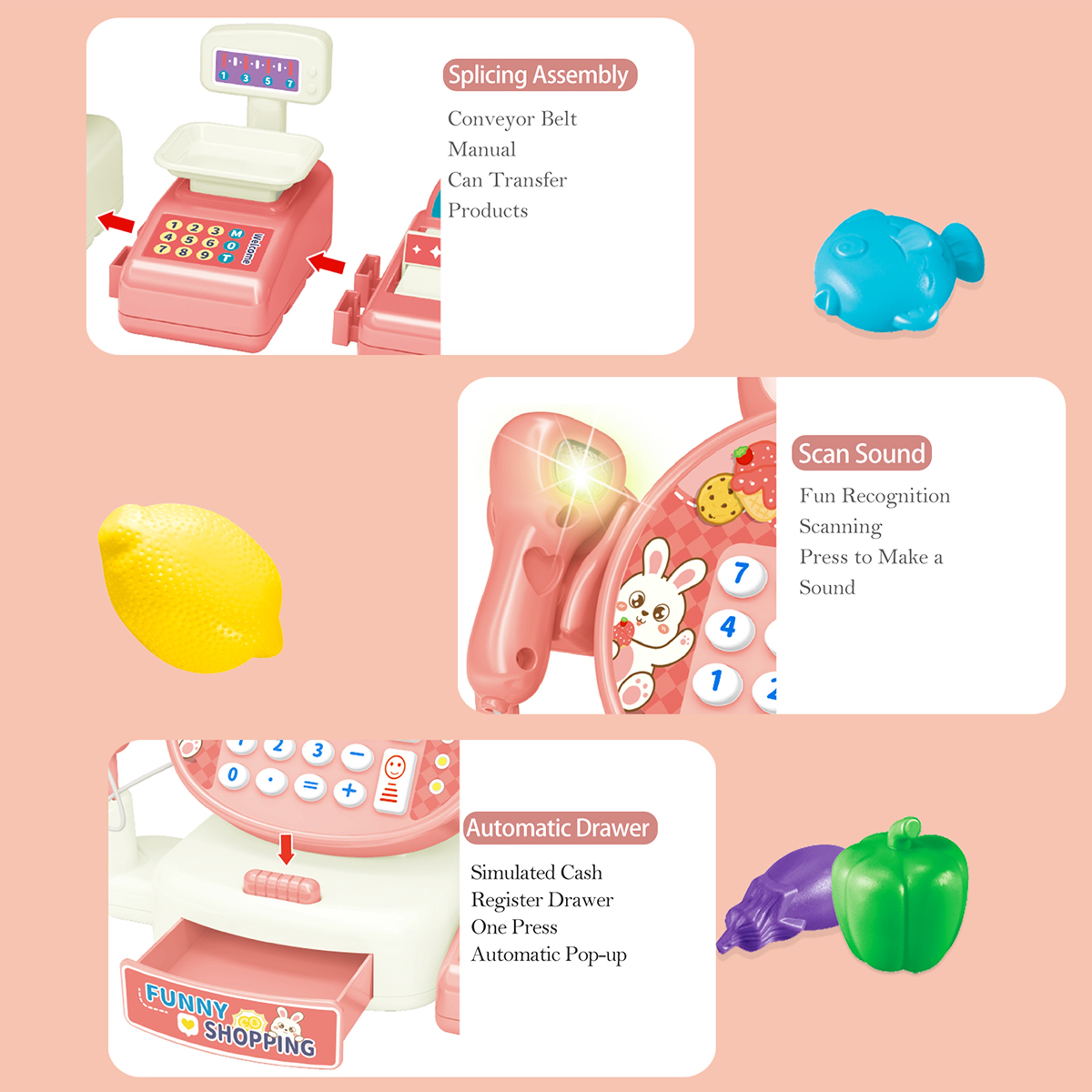 Supermarket Simulation Toy Cash Register Set, Shopping Computer with Sound Effects, Calculator and Rich Accessories – view 5
