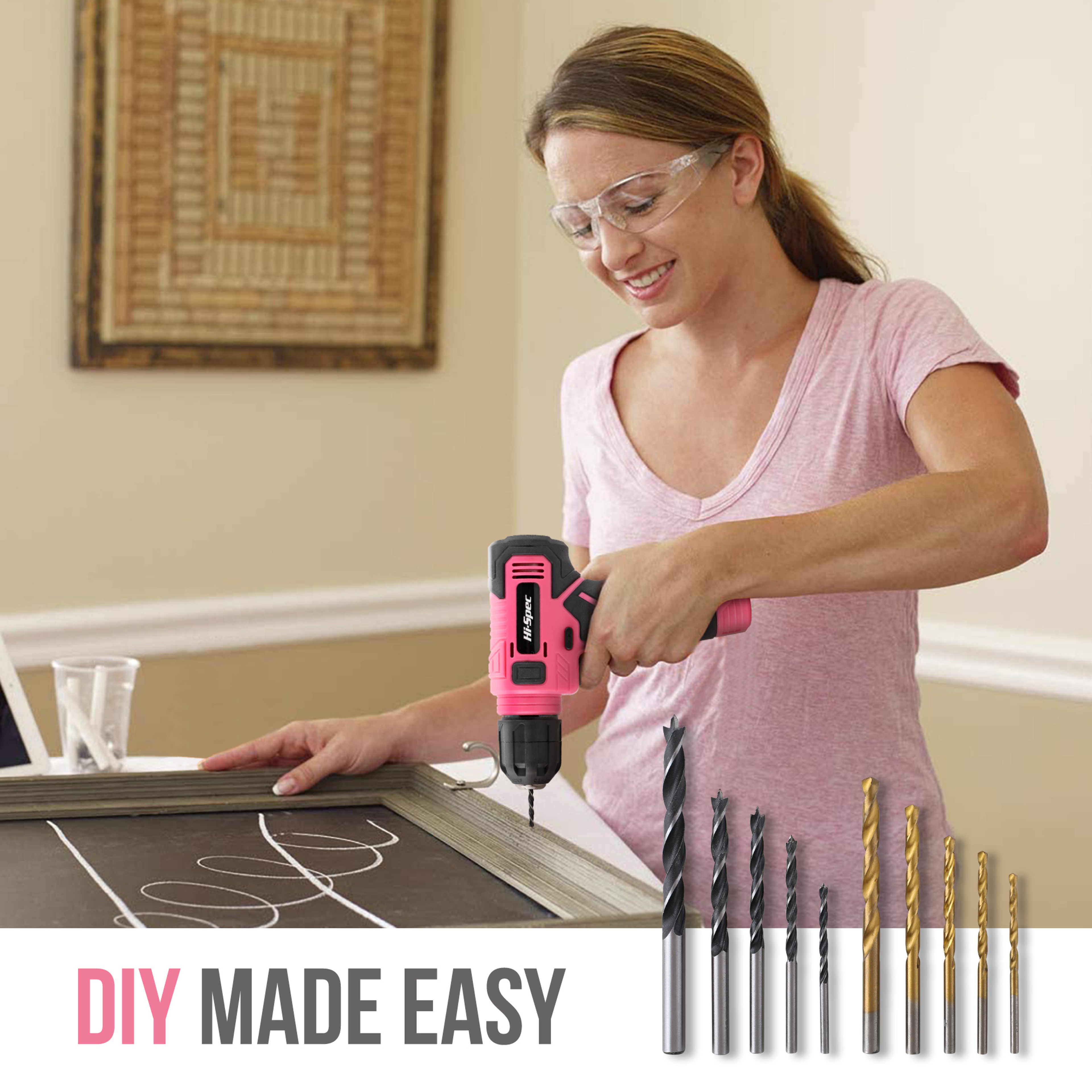 Power Tool Set Pink Home Repair Tools Kit With Lithium Drill Magnetic Precision Bits And Toolbox 3