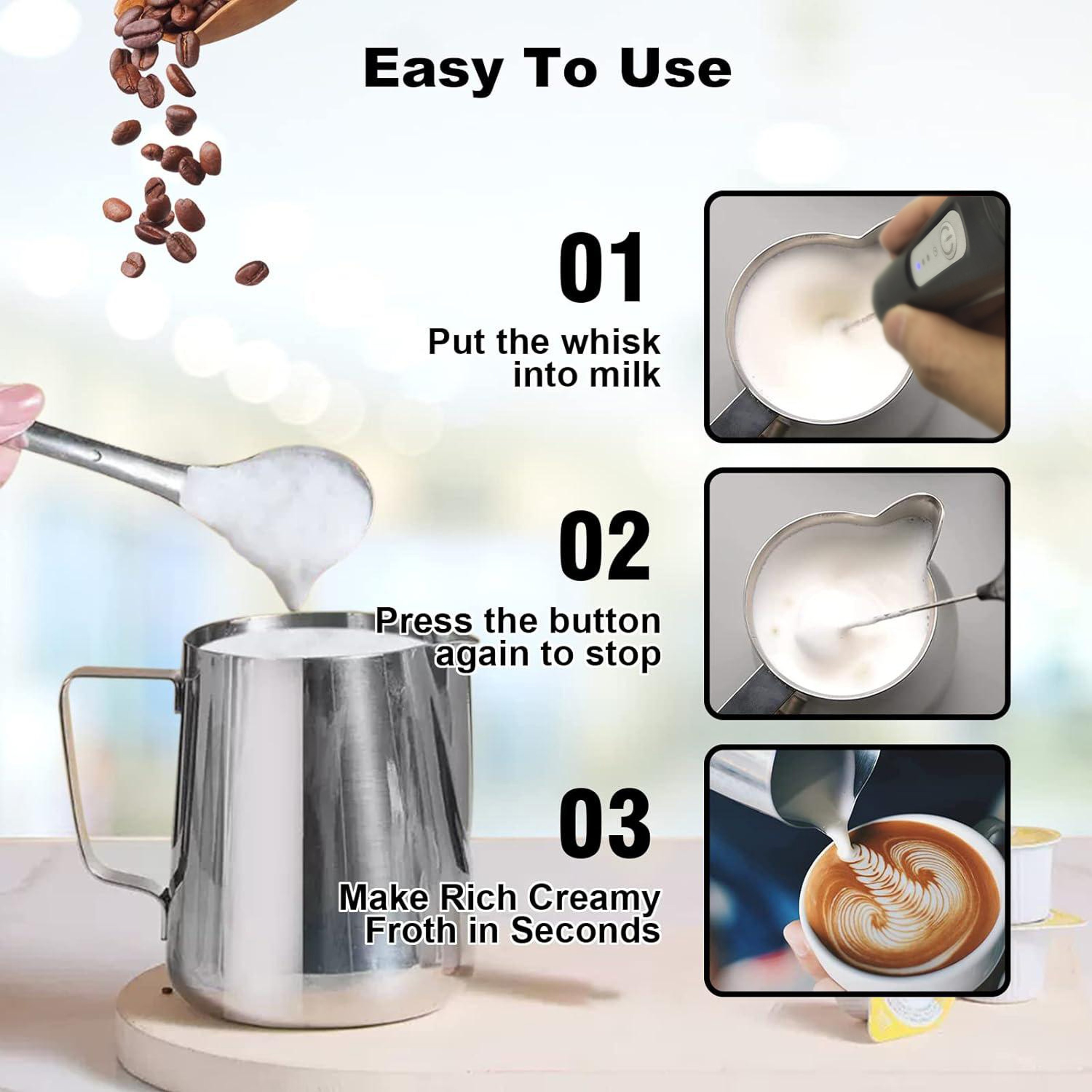 Rechargeable Handheld Milk Frother Speed Coffee Frother Wand for Lattes Matcha and More – view 4