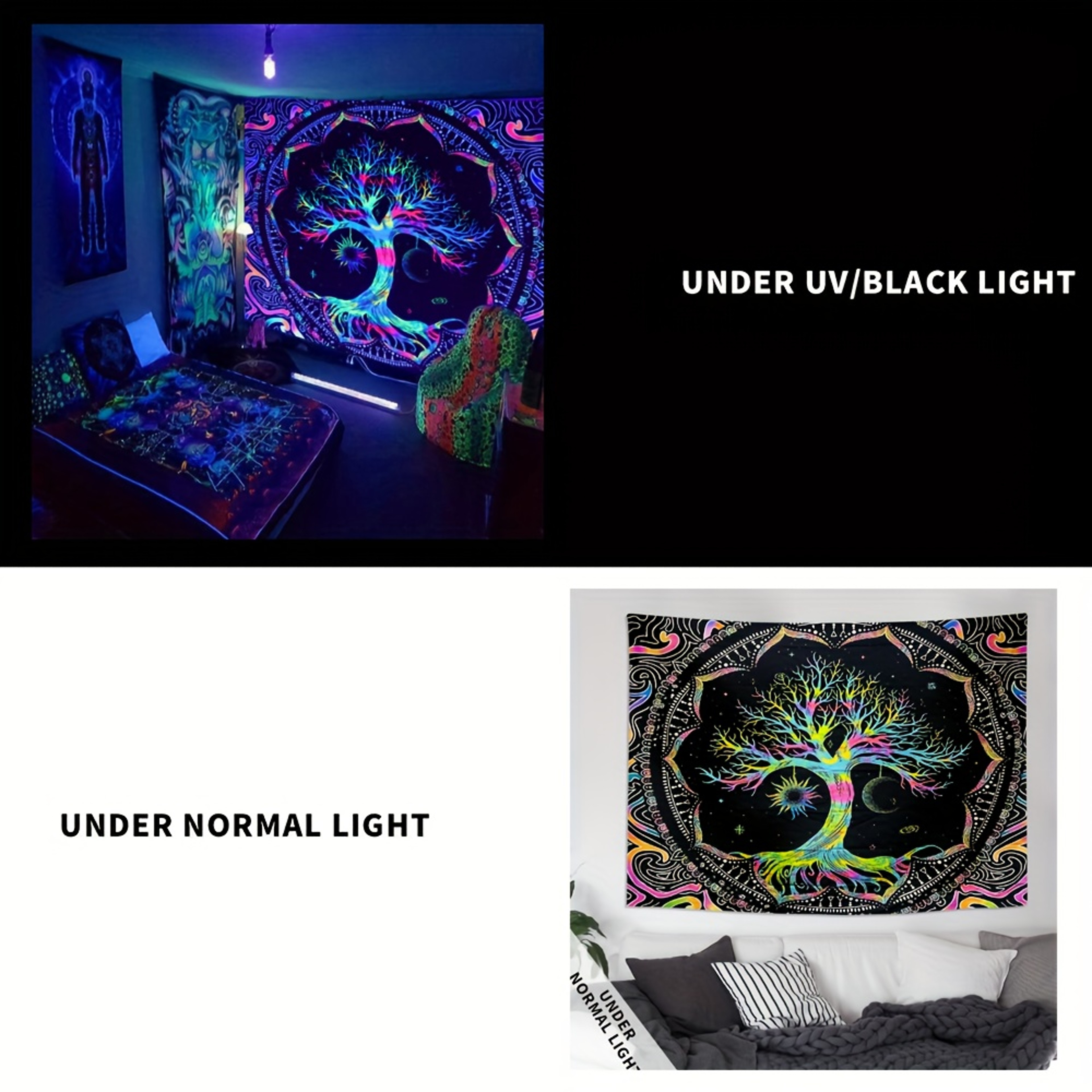 Tree of Life Blacklight Tapestry for Psychedelic Boho Dorm Decor – view 3