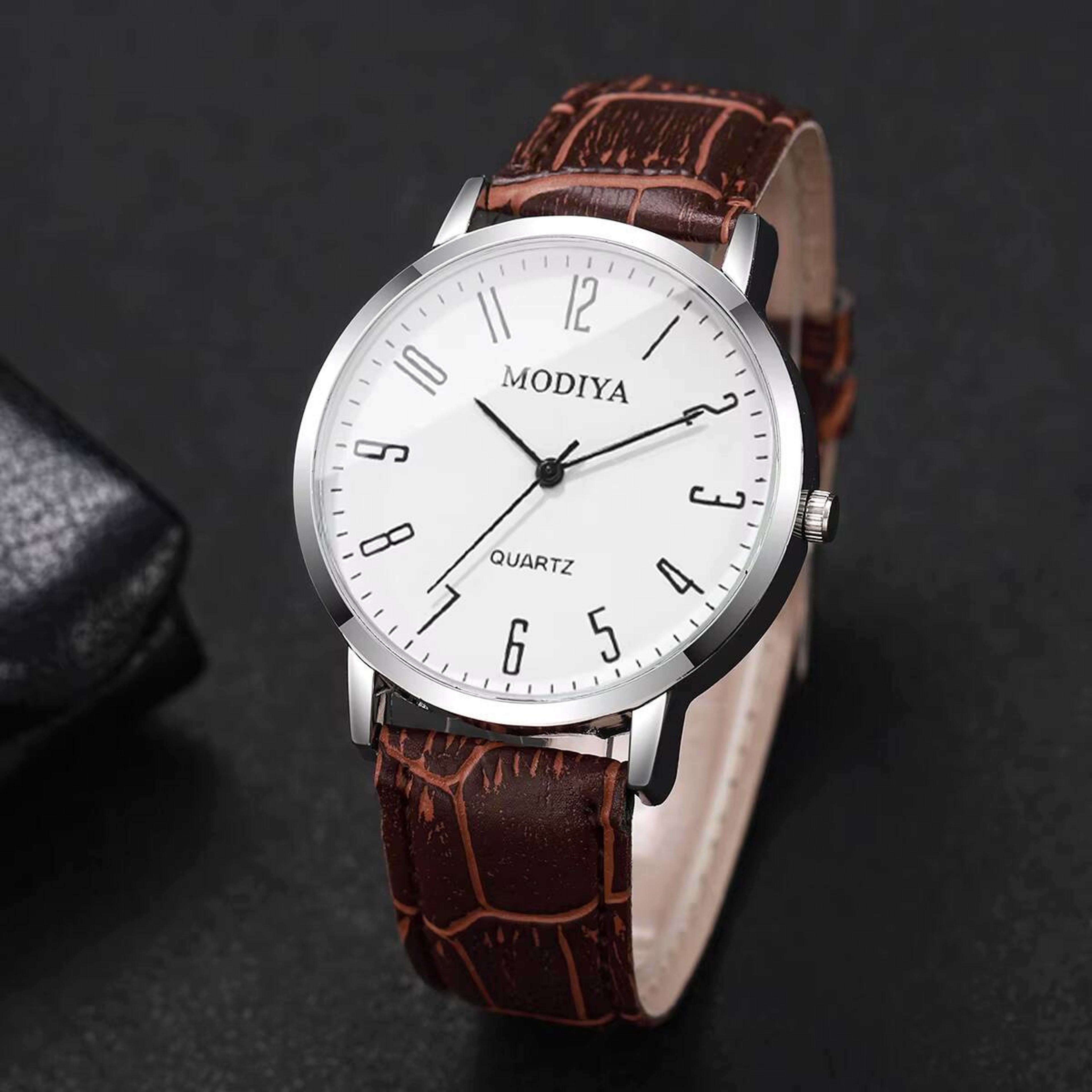 Mens Arabic Dial Watch Set with Leather Strap – view 4