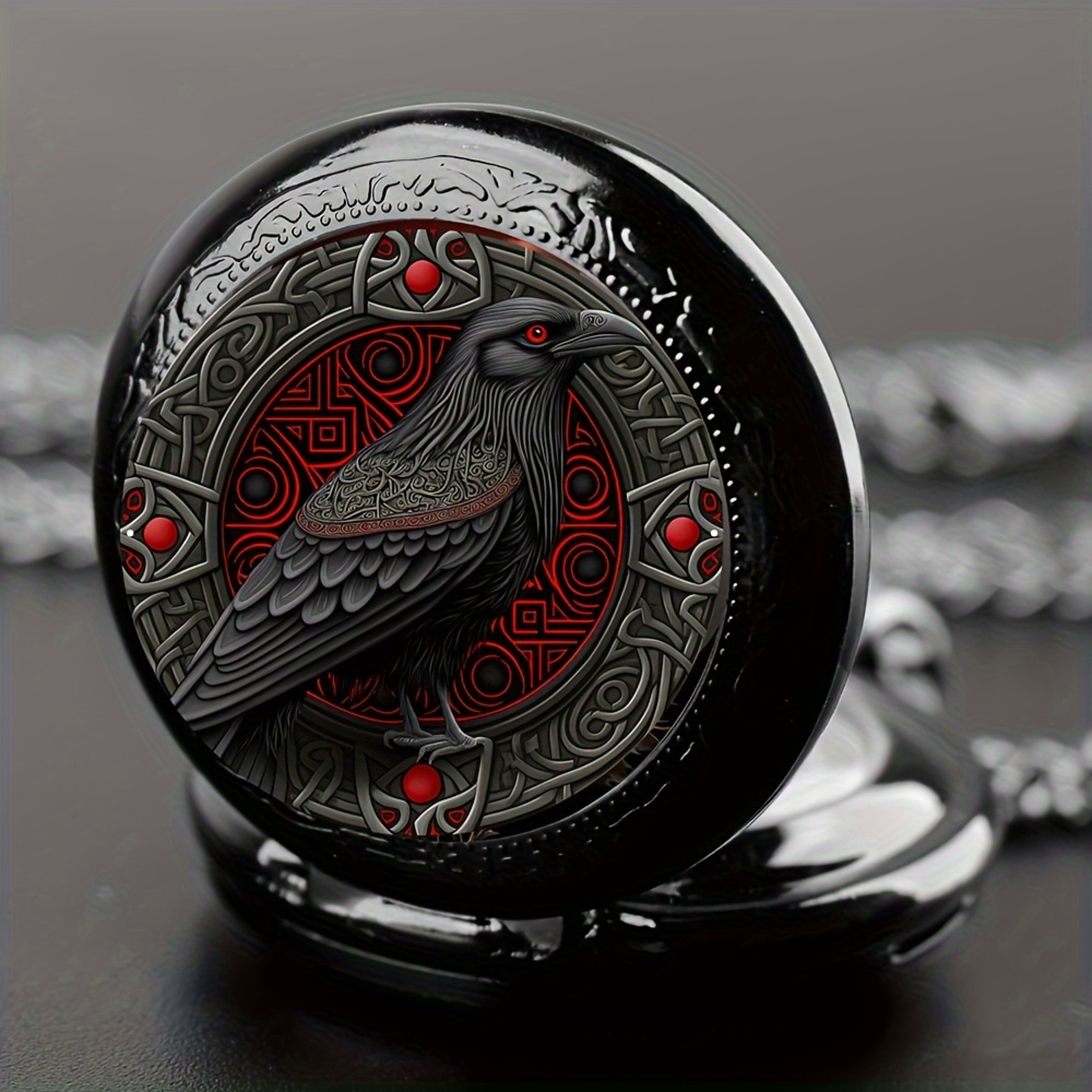 Gothic Raven Pocket Watch Necklace with Quartz Movement – view 2