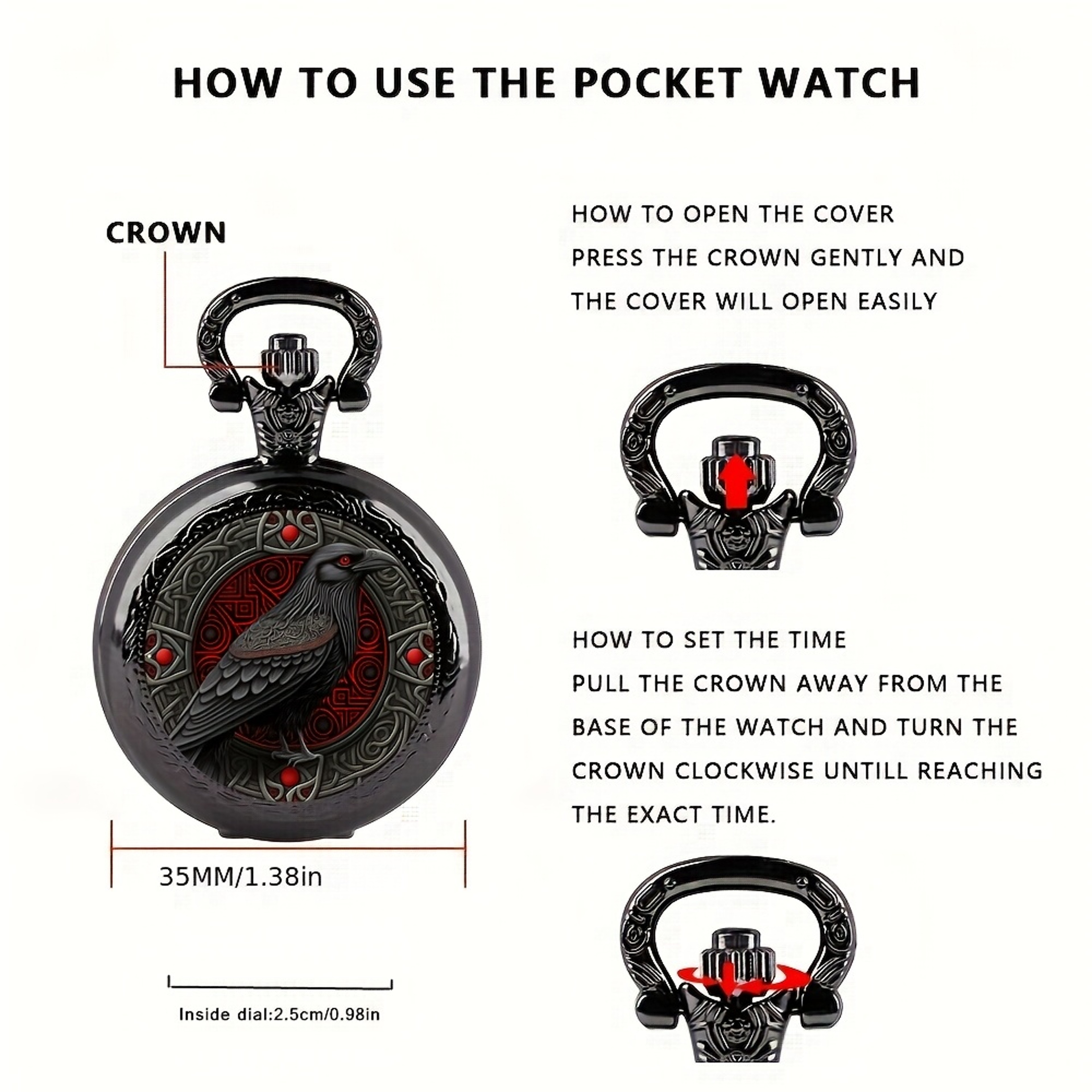 Gothic Raven Pocket Watch Necklace with Quartz Movement – view 5
