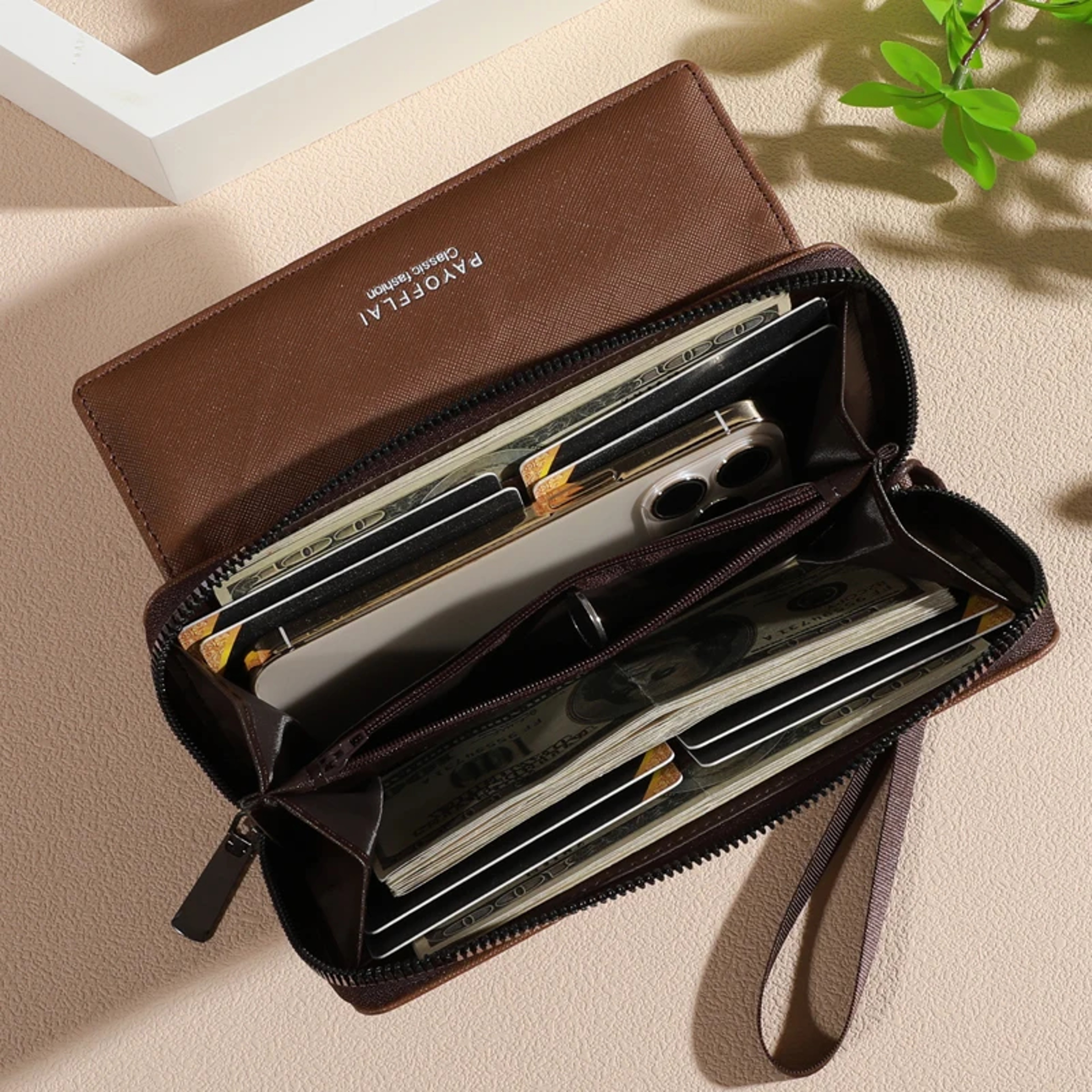 Classic Double Layer Mens Faux Leather Wallet with Zippered Card Wallet Design – view 6