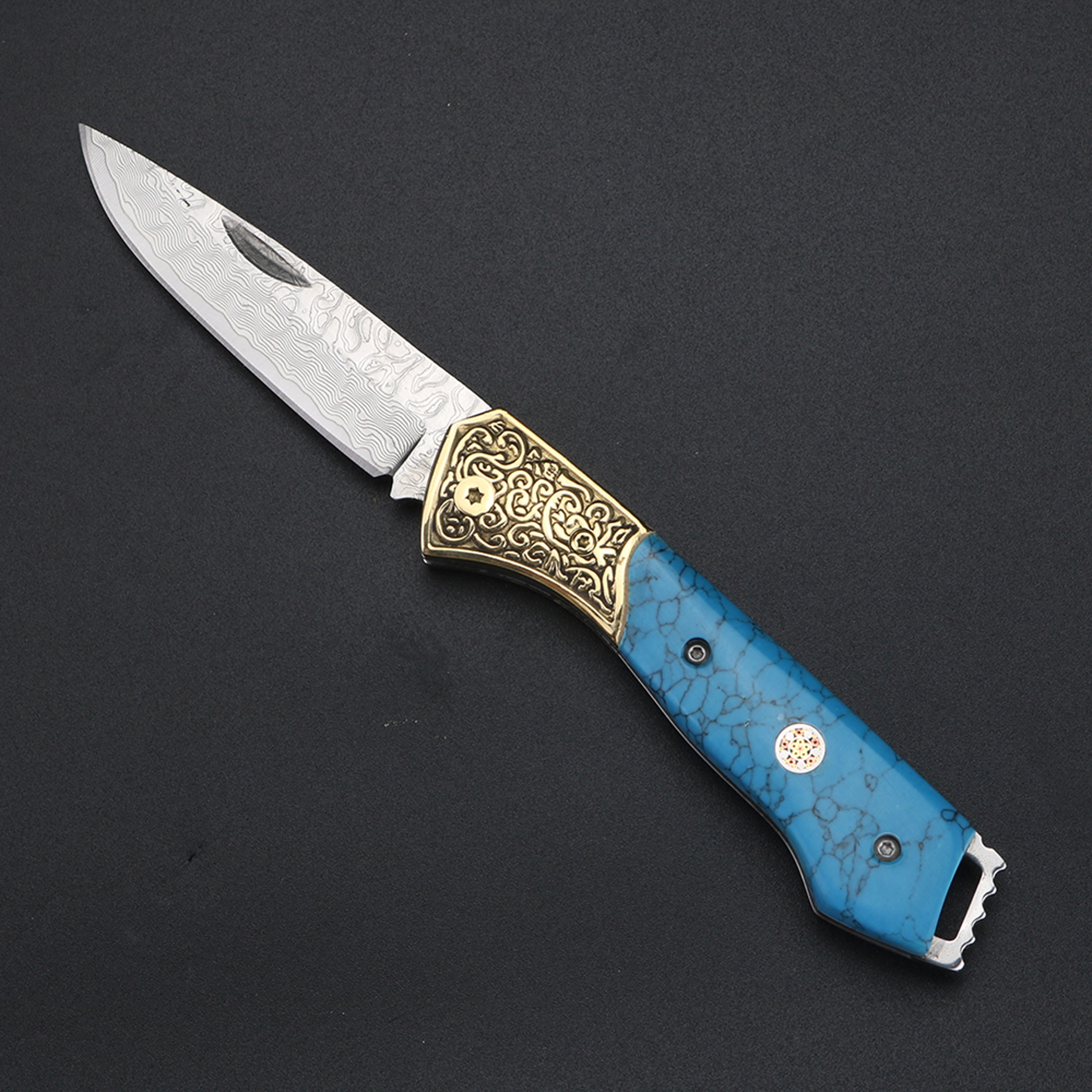 Blue Damascus Folding Pocket Knife for Outdoor, and Fruit Cutting – view 3