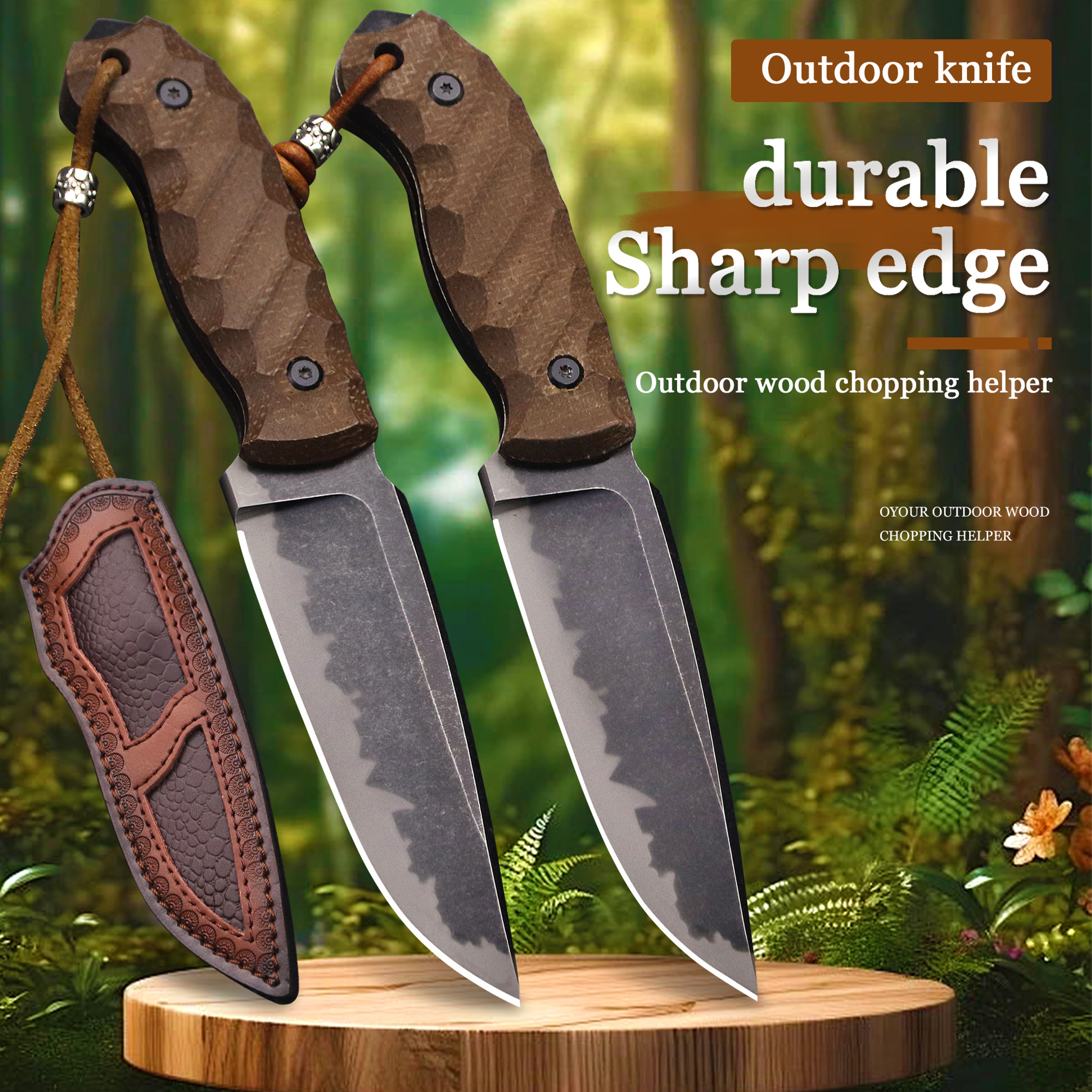 Fixed Blade Hunting Knife with Linen Handle for Outdoor Survival & Camping – view 1