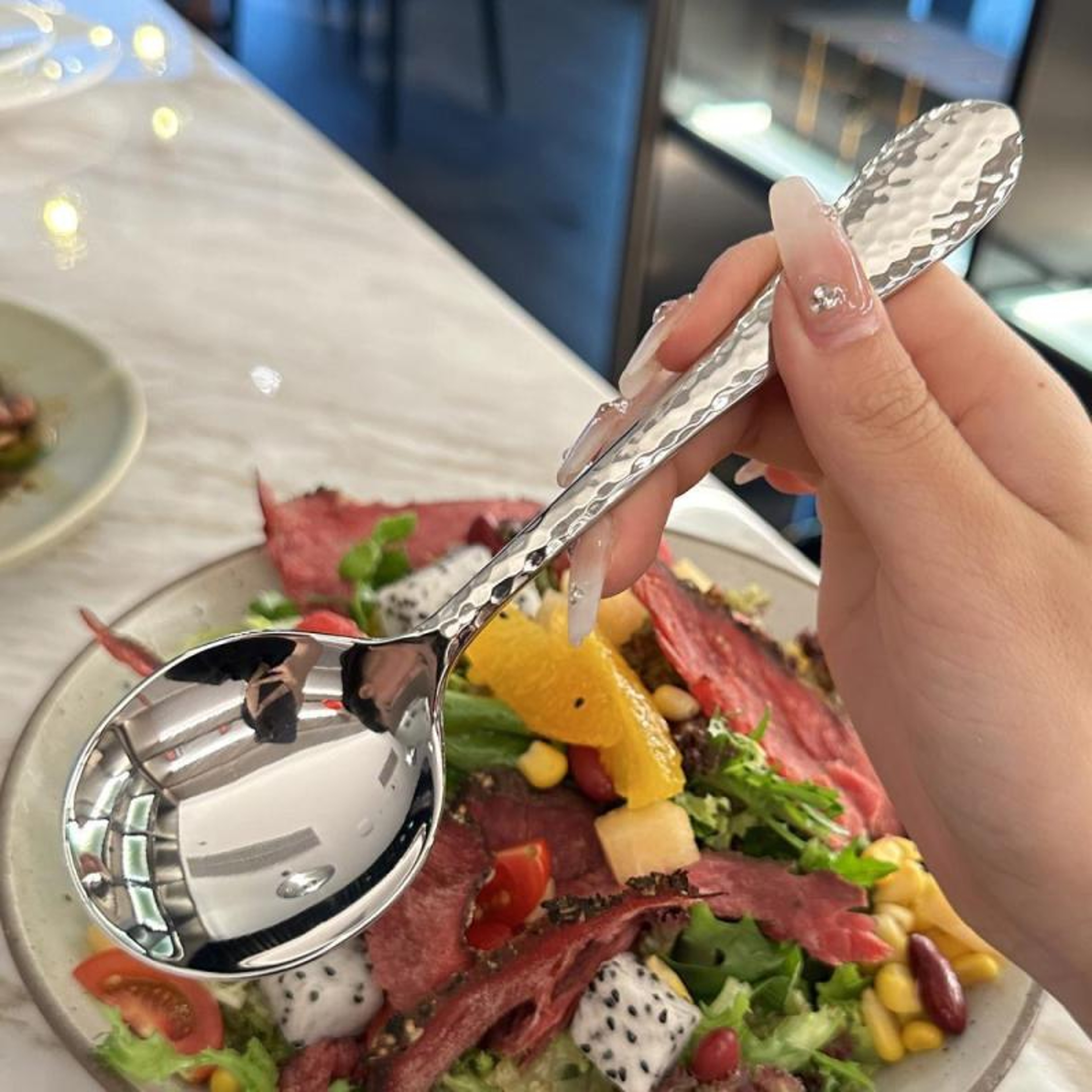 Premium Hammer Pattern Stainless Steel Dessert & Soup Spoon Creative Long Handle Spoon – view 4