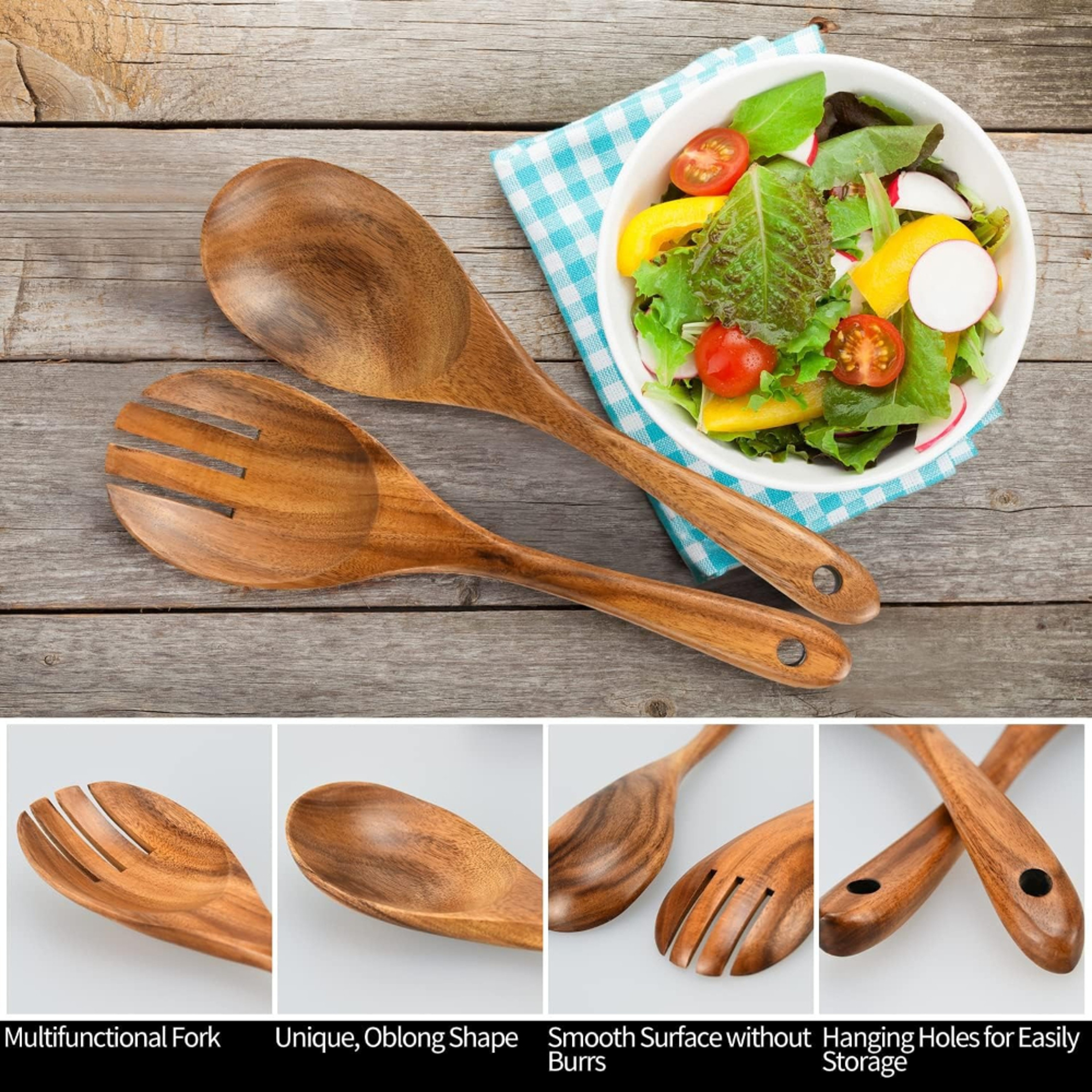 Premium Long Handle Wooden Cooking  Serving Spoon Set Natural Kitchen Utensils For Soup Salad  Ever 1